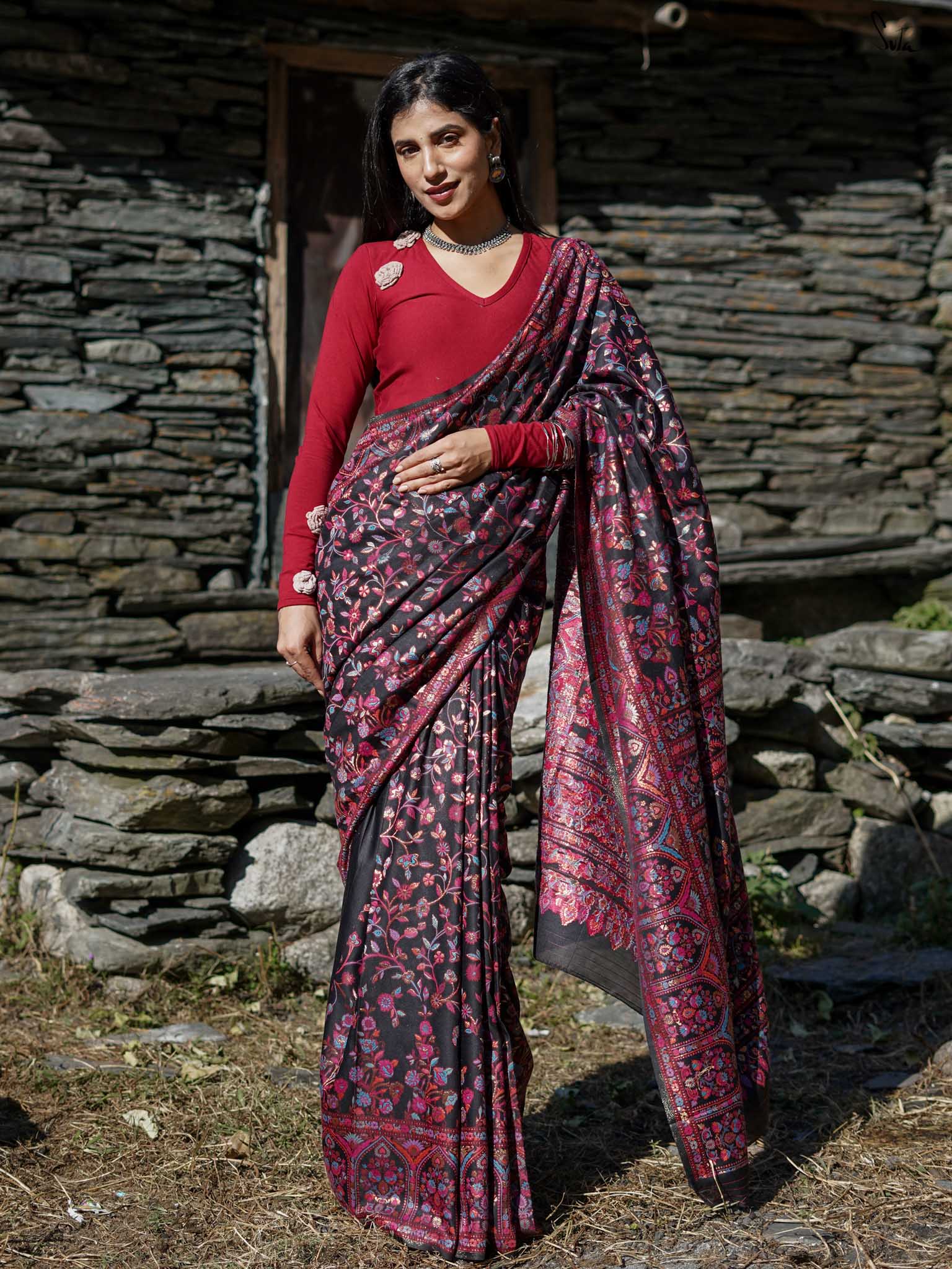 Pine Pashm Multicolour Woolen Saree
