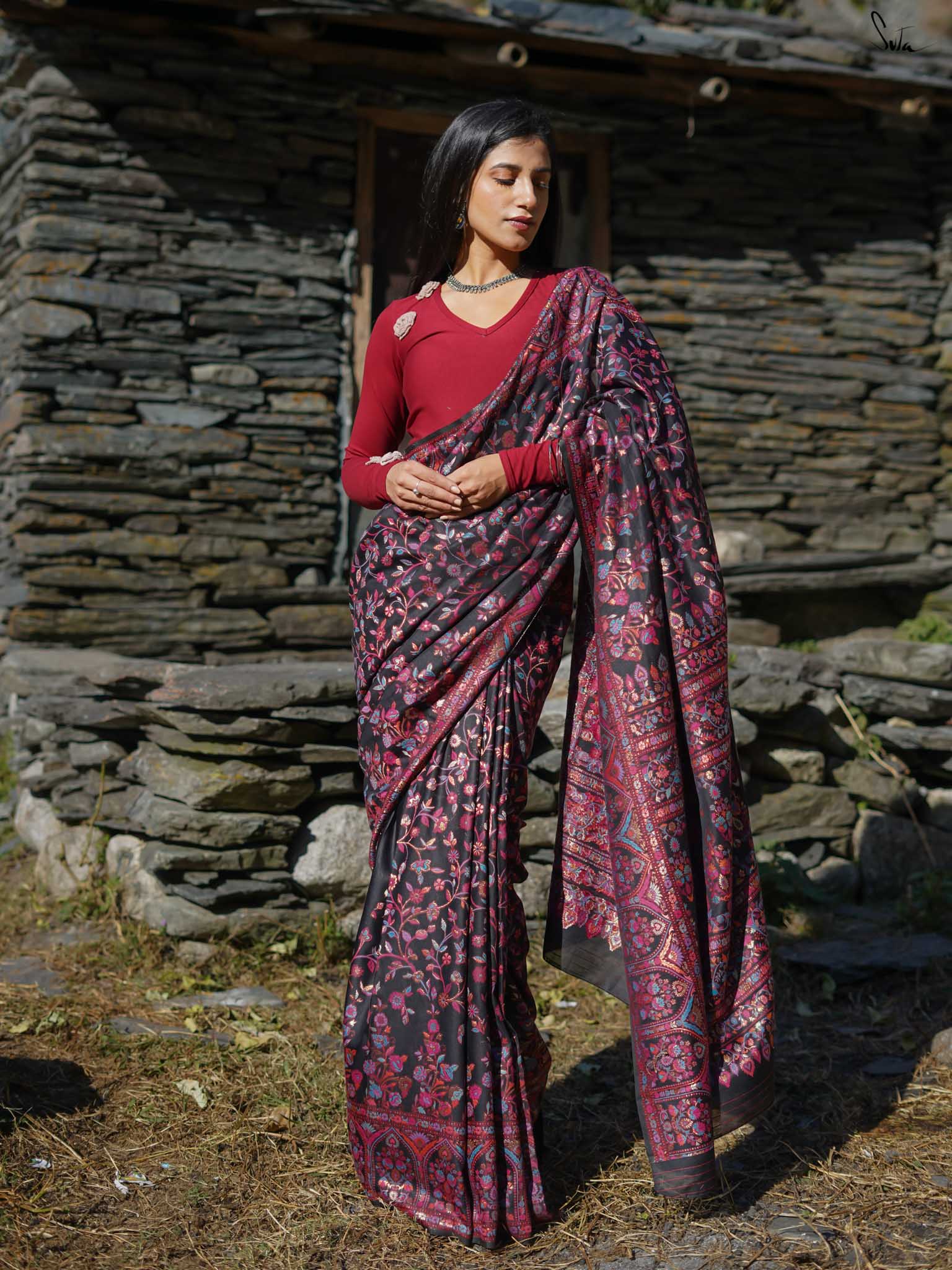 Pine Pashm Multicolour Woolen Saree