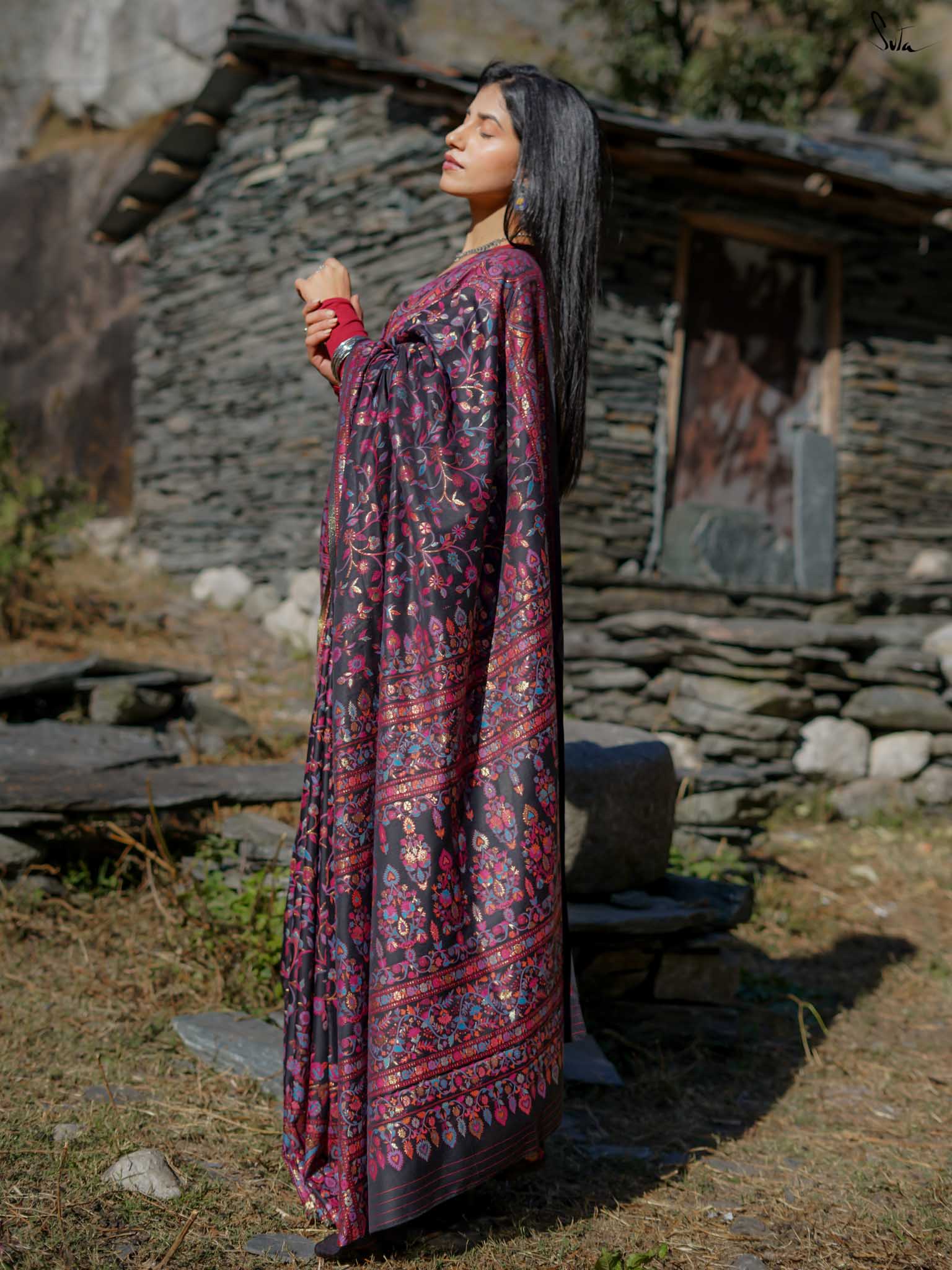Pine Pashm Multicolour Woolen Saree