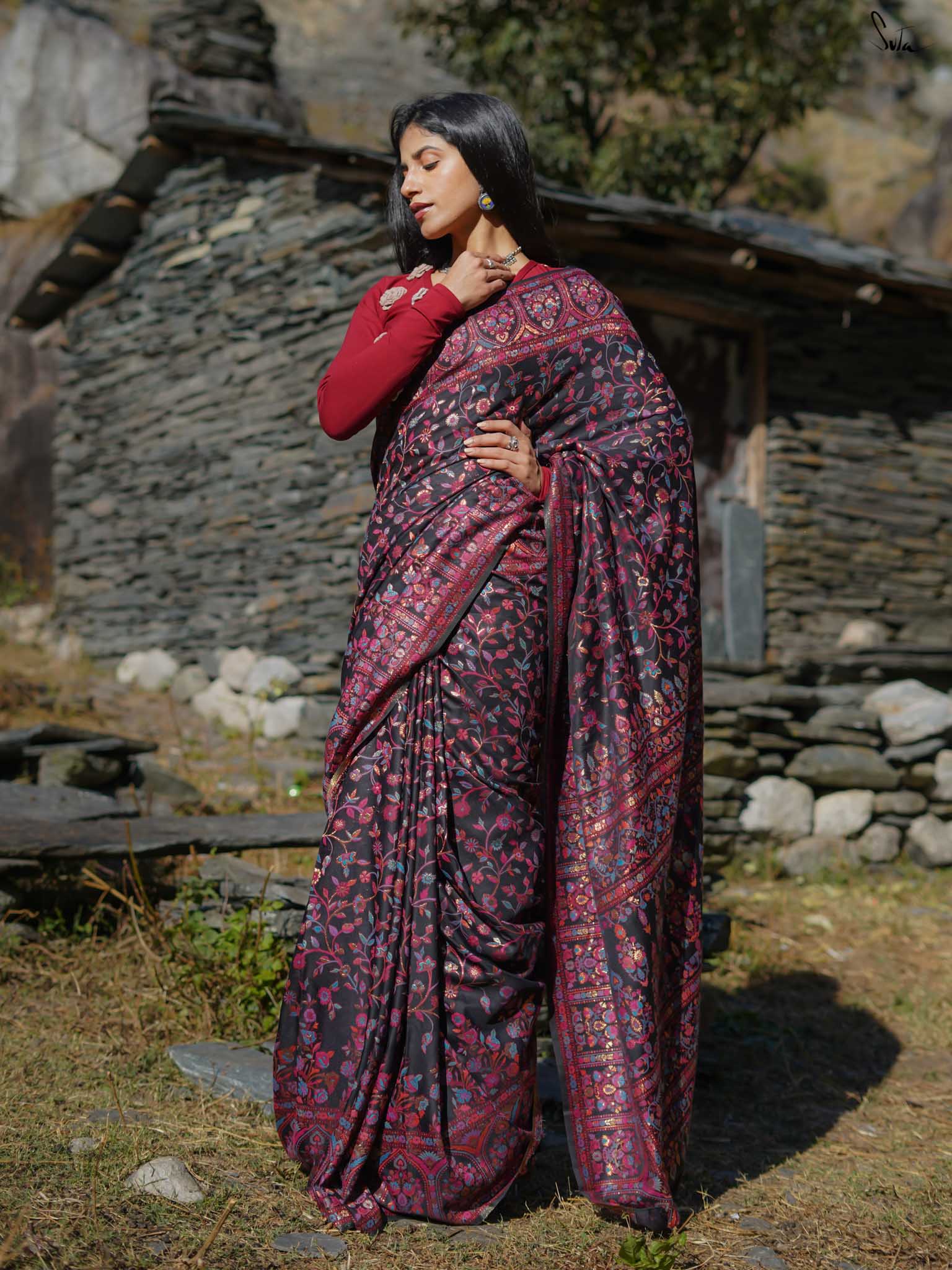 Pine Pashm Multicolour Woolen Saree