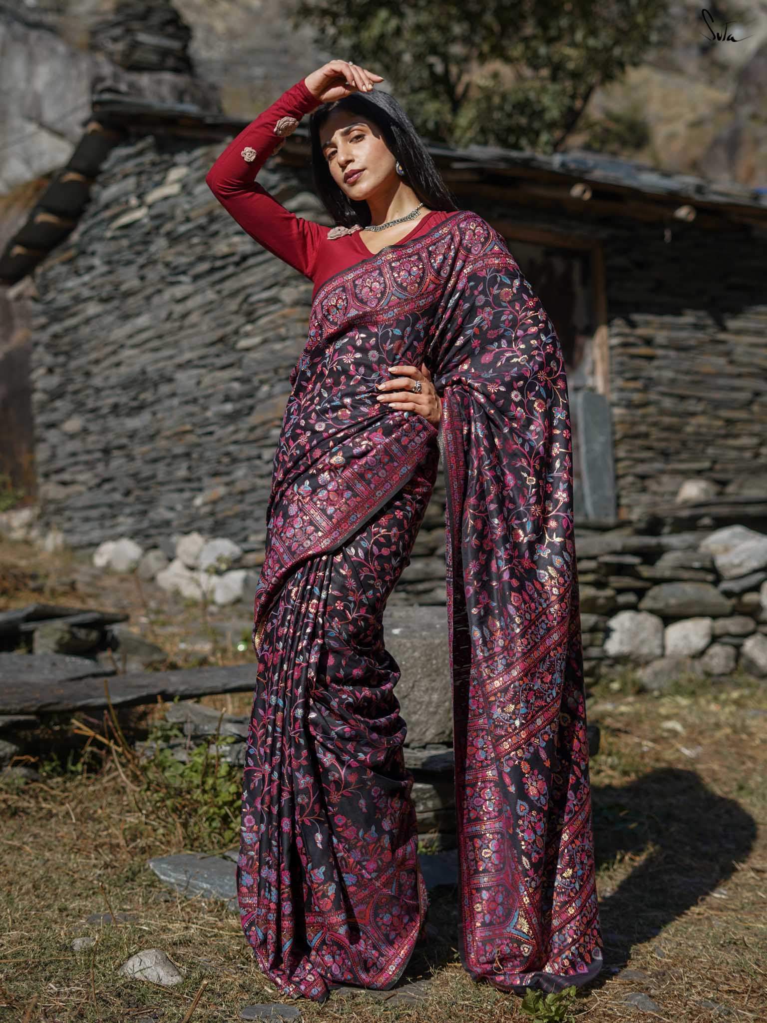 Pine Pashm Multicolour Woolen Saree