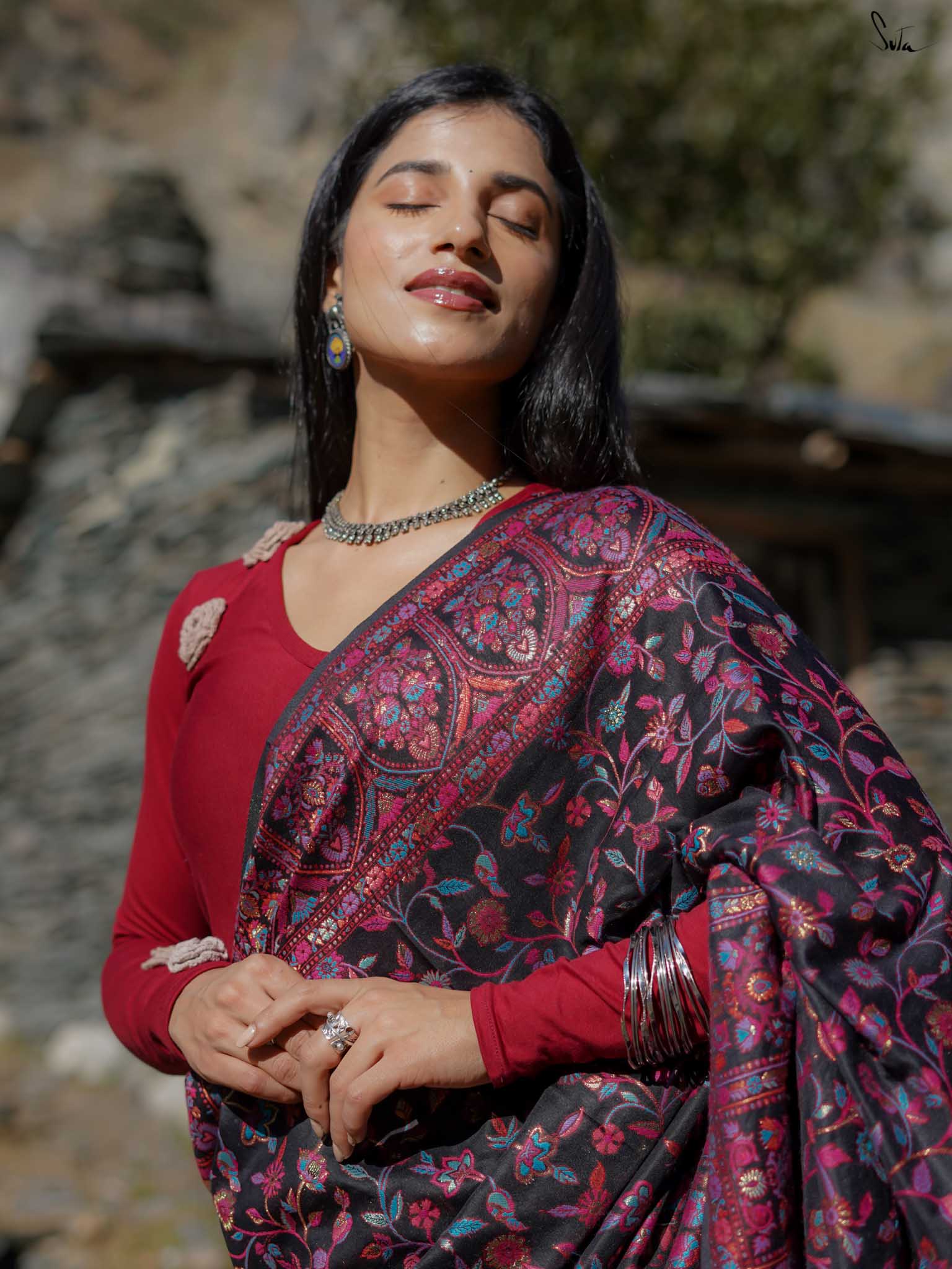 Pine Pashm Multicolour Woolen Saree