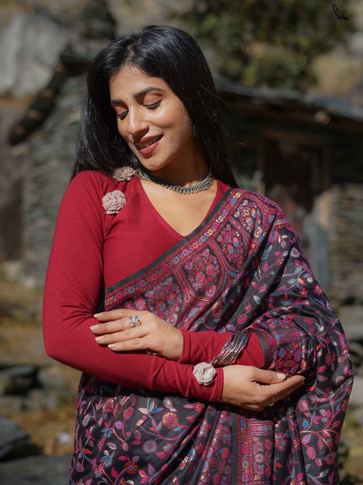 Pine Pashm Multicolour Woolen Saree