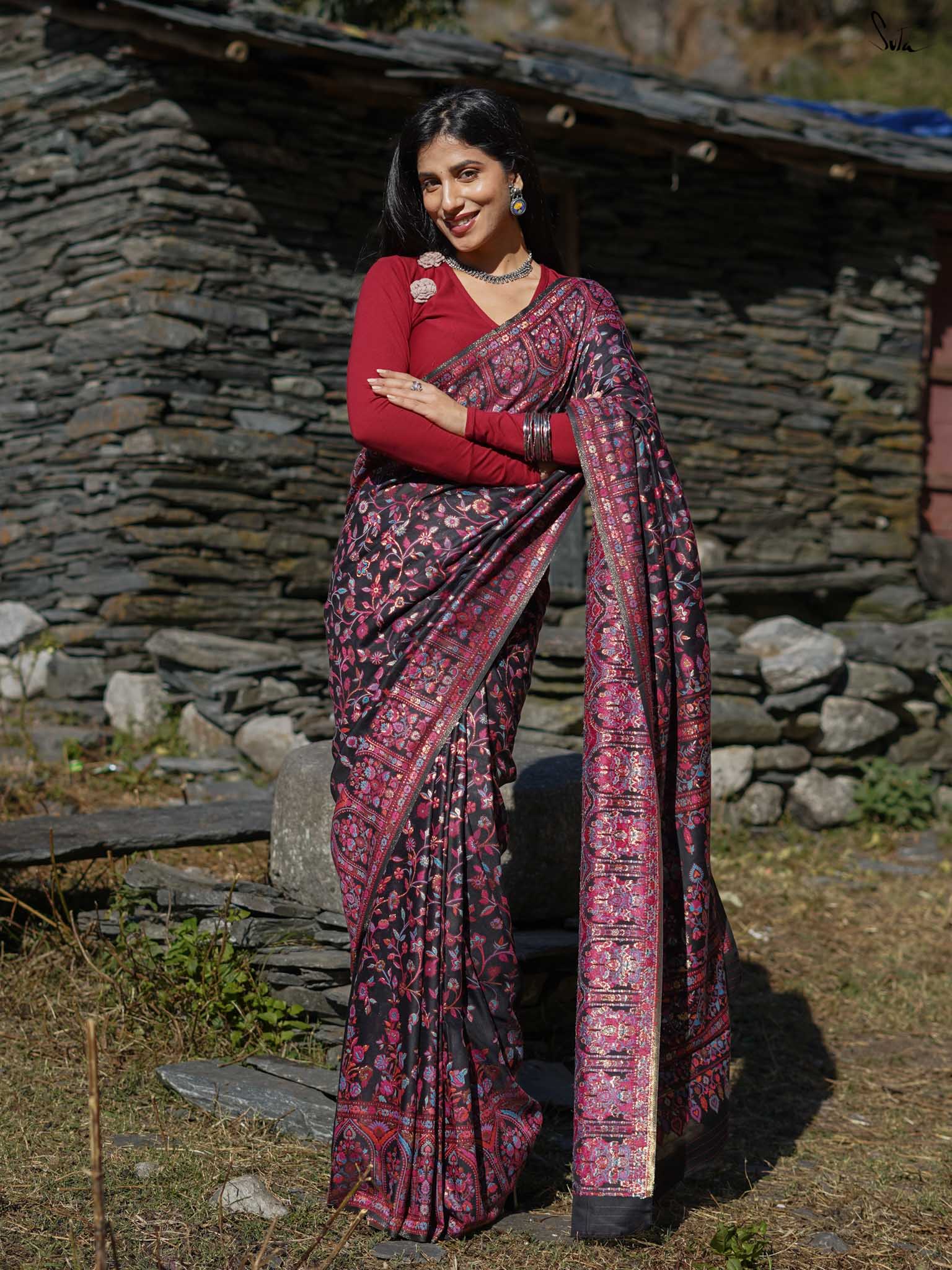 Pine Pashm Multicolour Woolen Saree