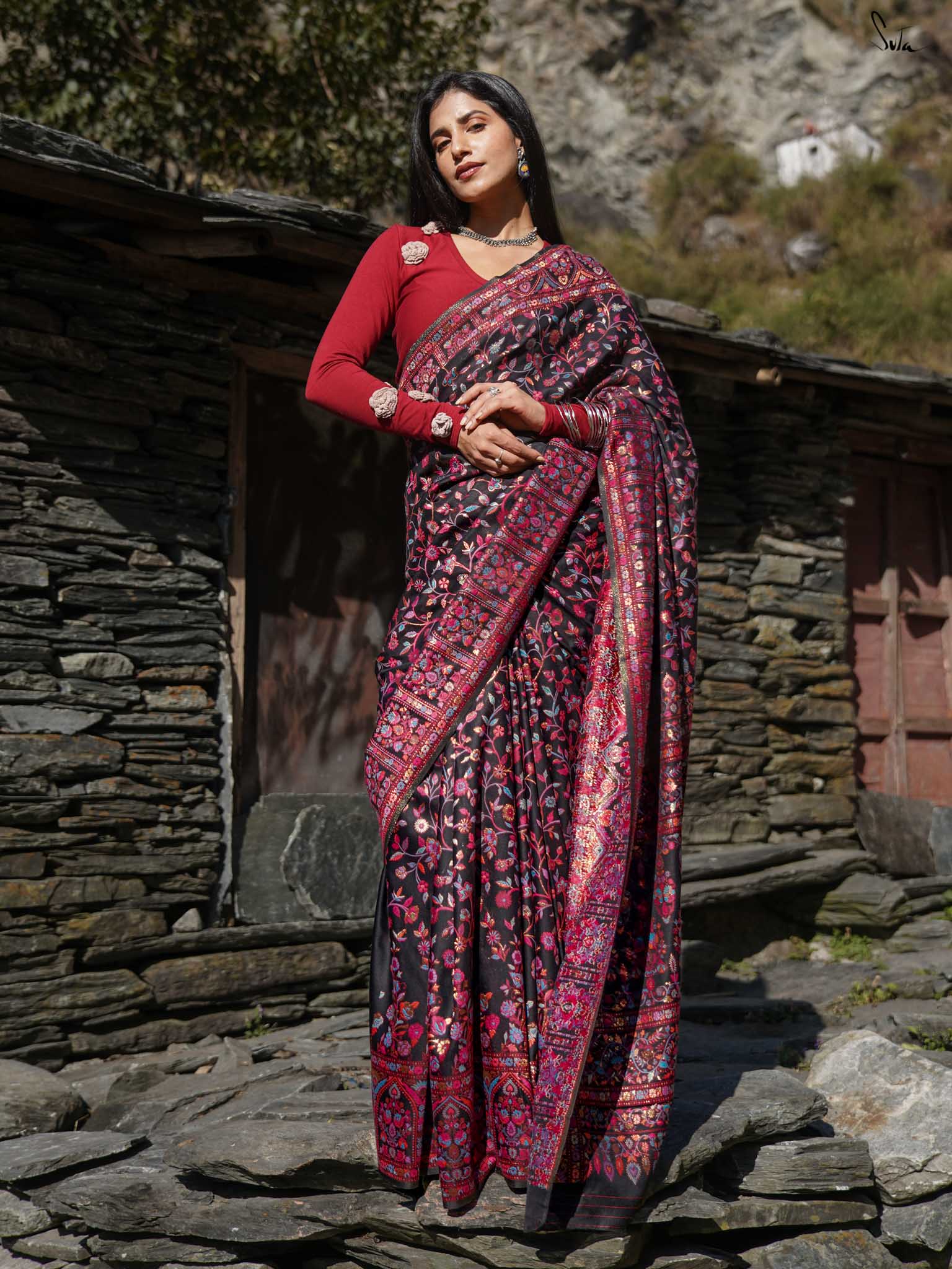 Pine Pashm Multicolour Woolen Saree