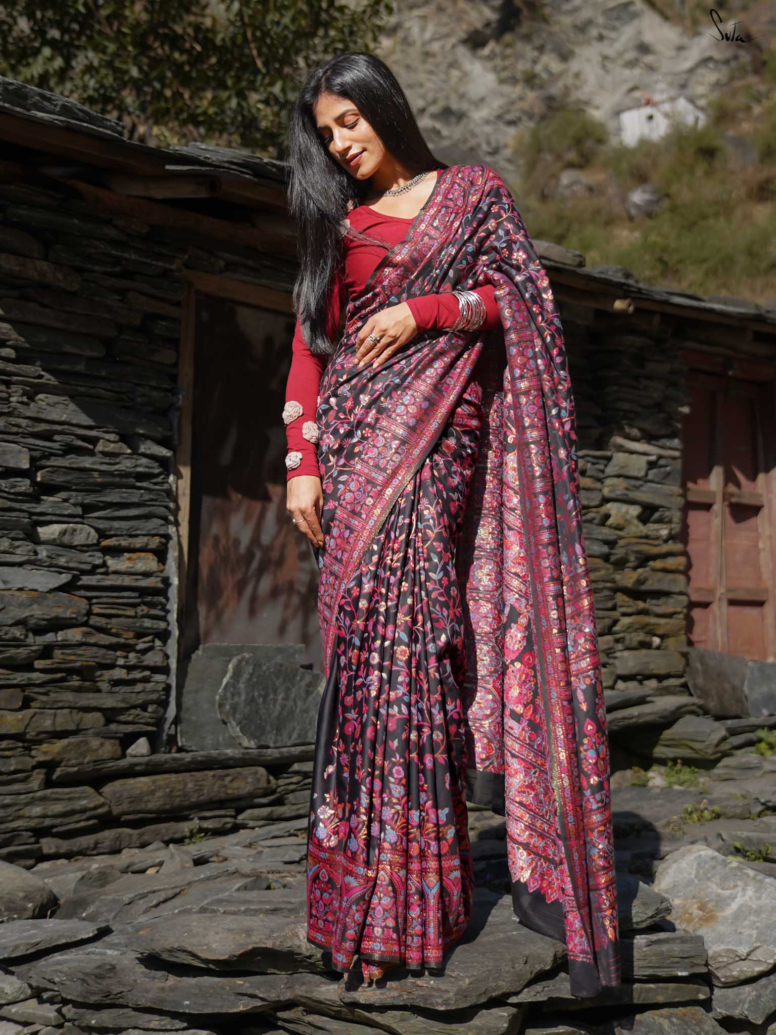 Pine Pashm Multicolour Woolen Saree