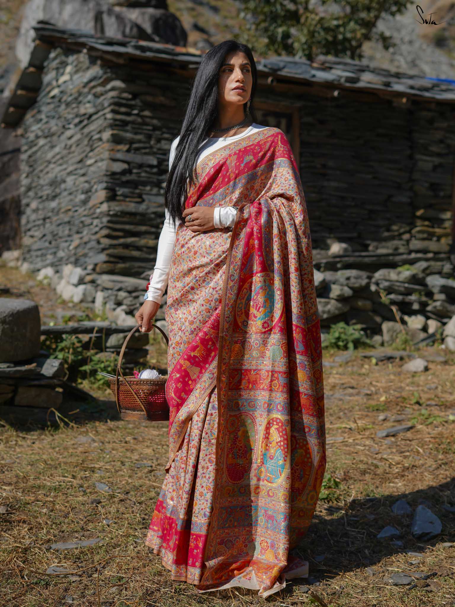 Deodar Pashm Beige Woolen Saree