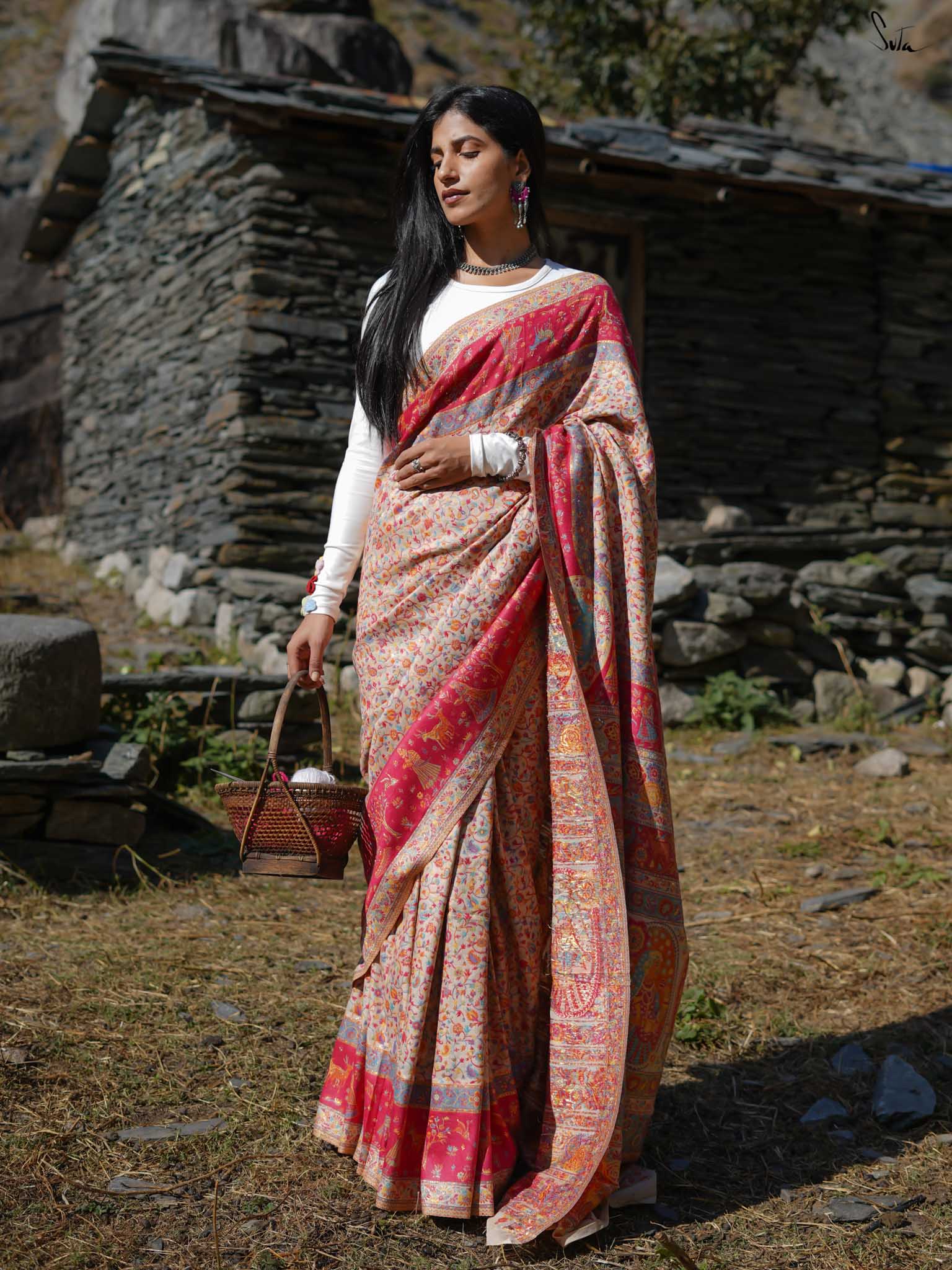 Deodar Pashm Beige Woolen Saree