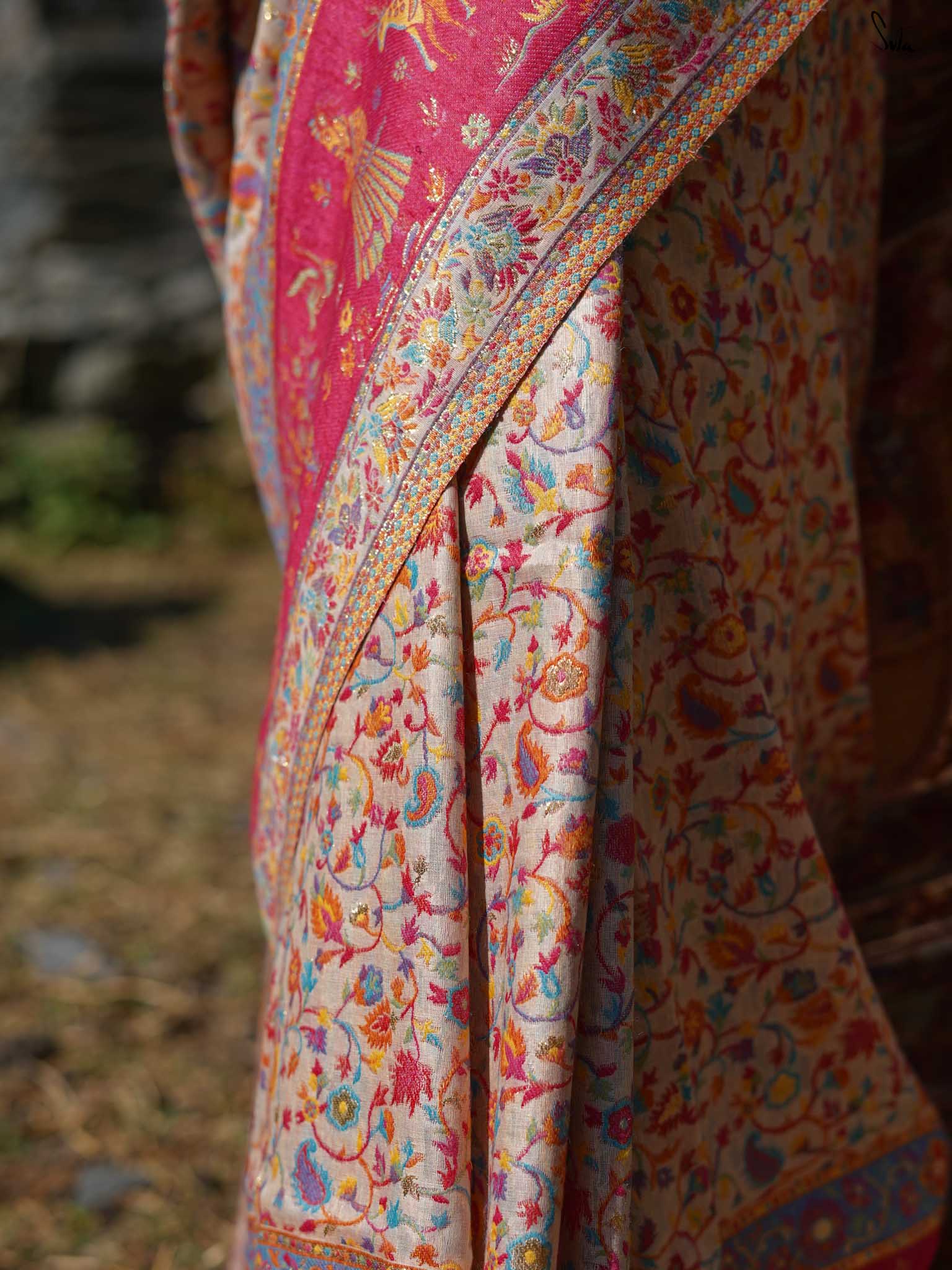 Deodar Pashm Beige Woolen Saree