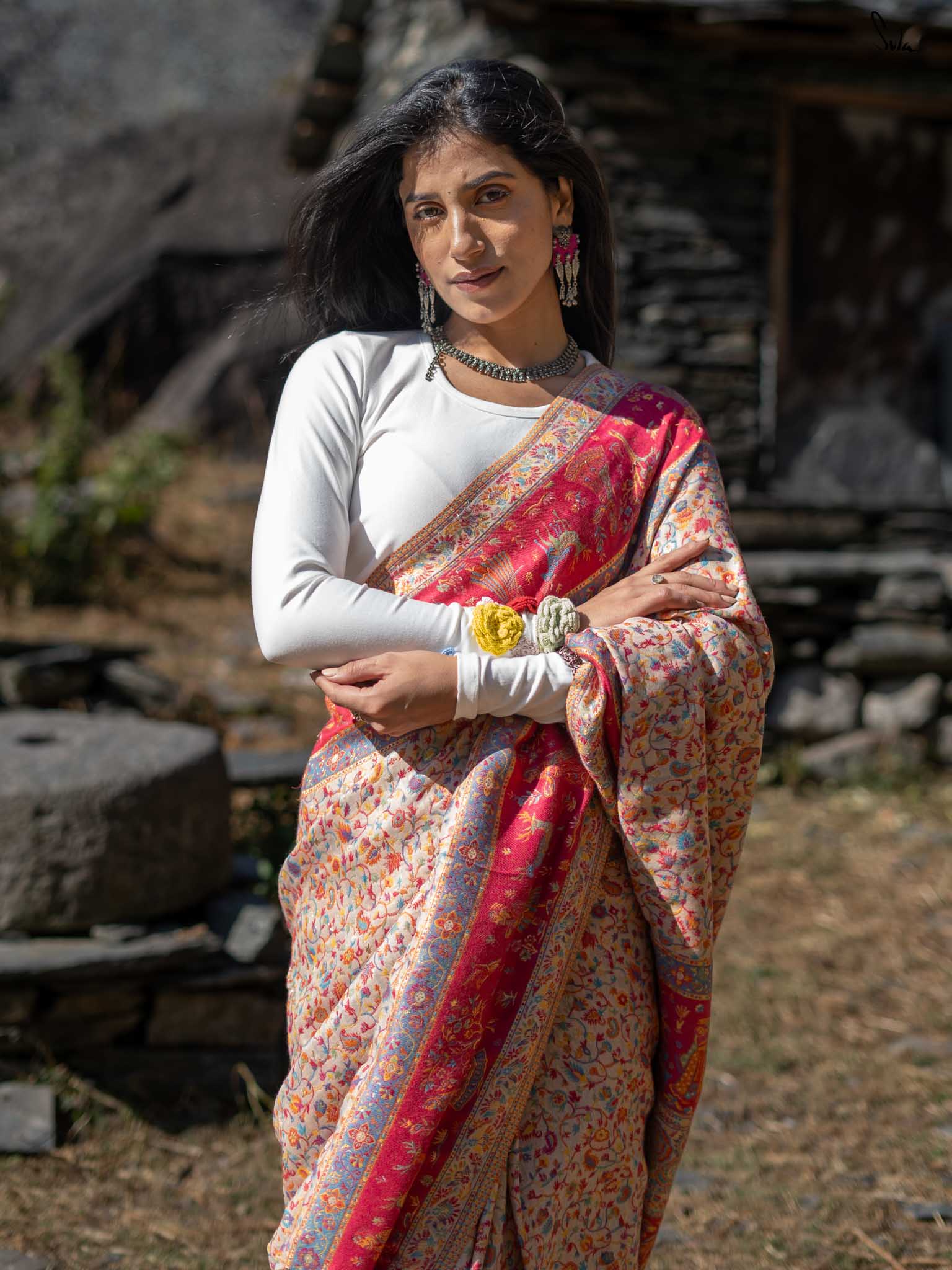 Deodar Pashm Beige Woolen Saree
