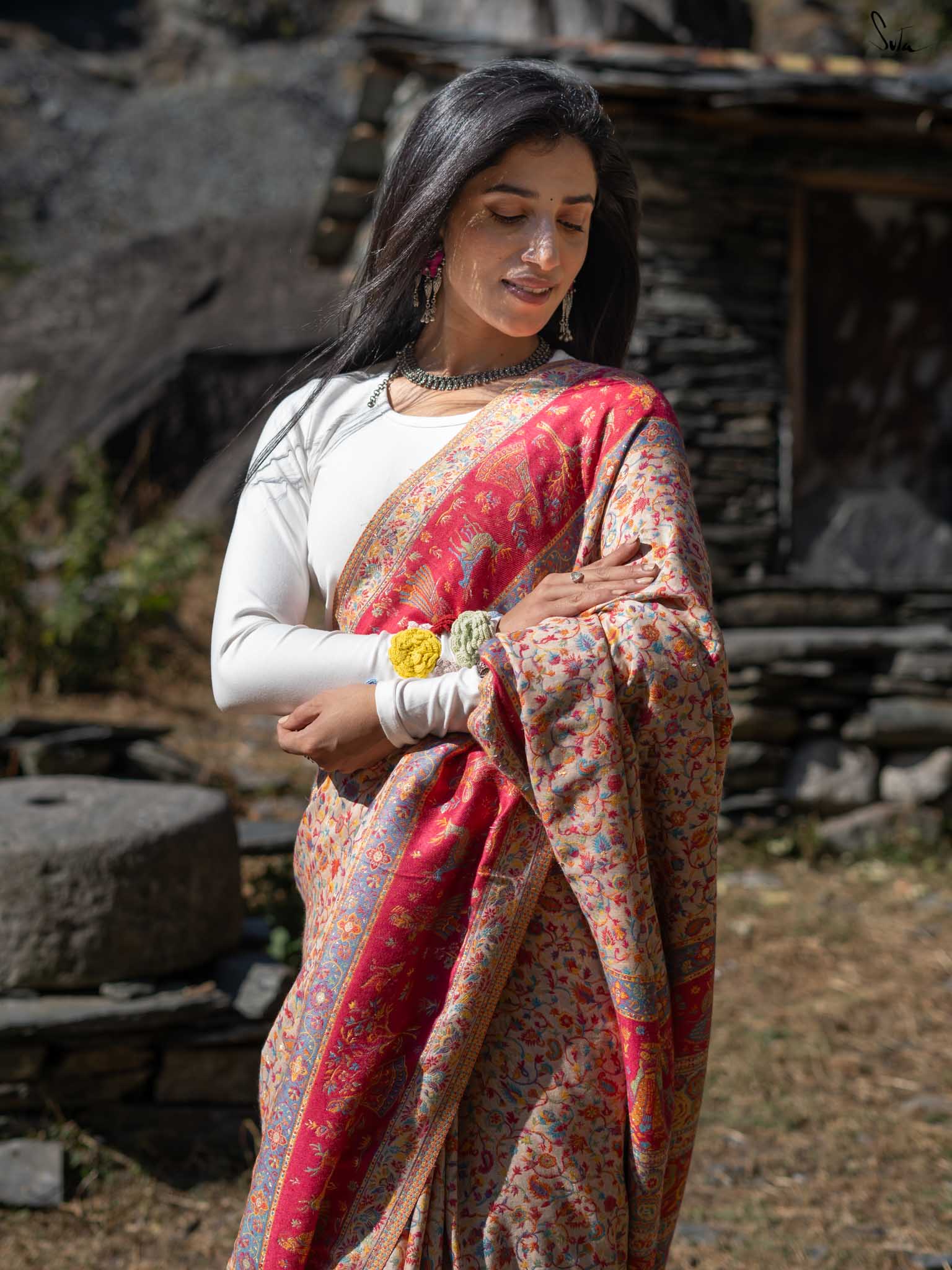 Deodar Pashm Beige Woolen Saree