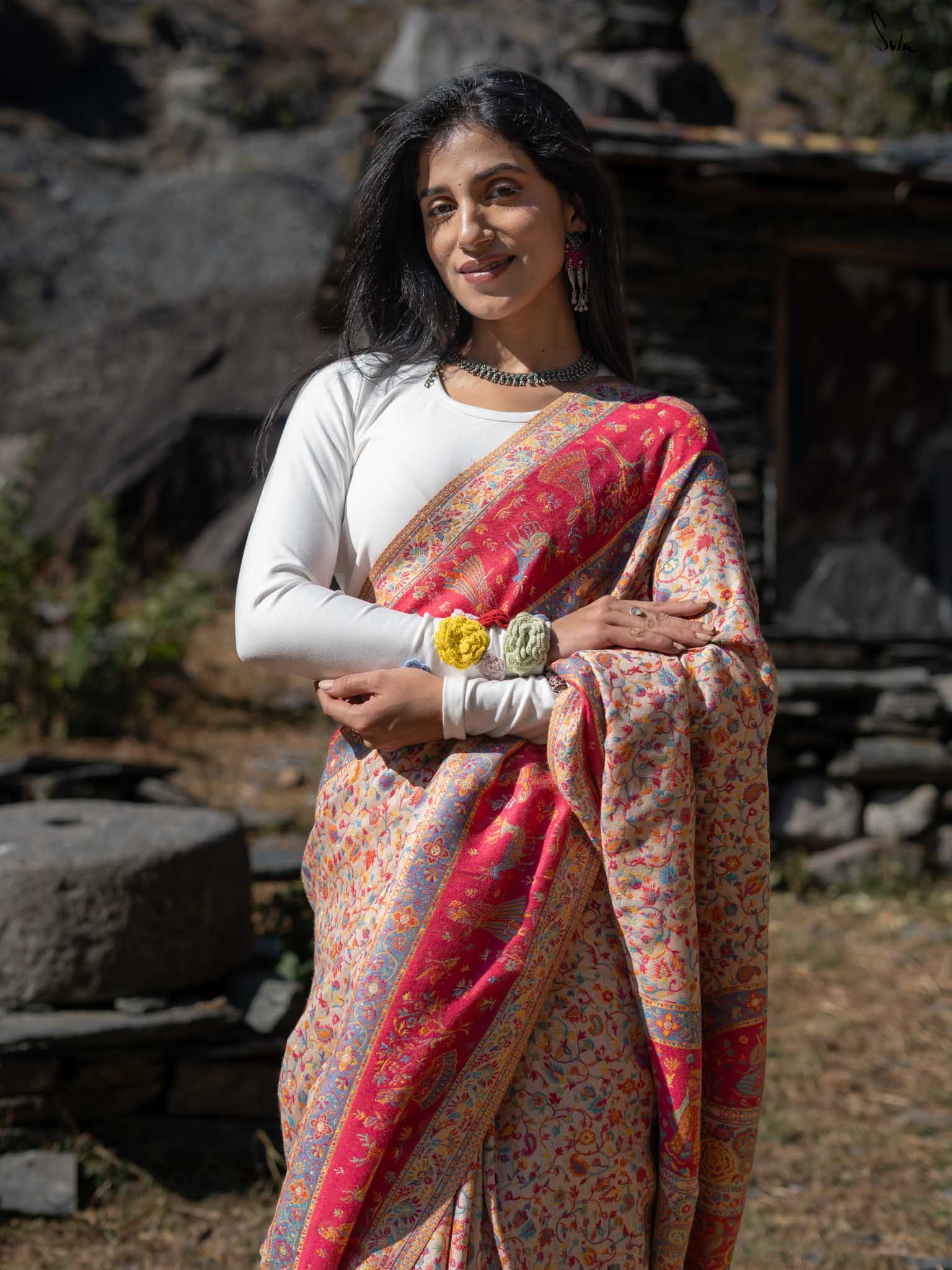 Deodar Pashm Beige Woolen Saree