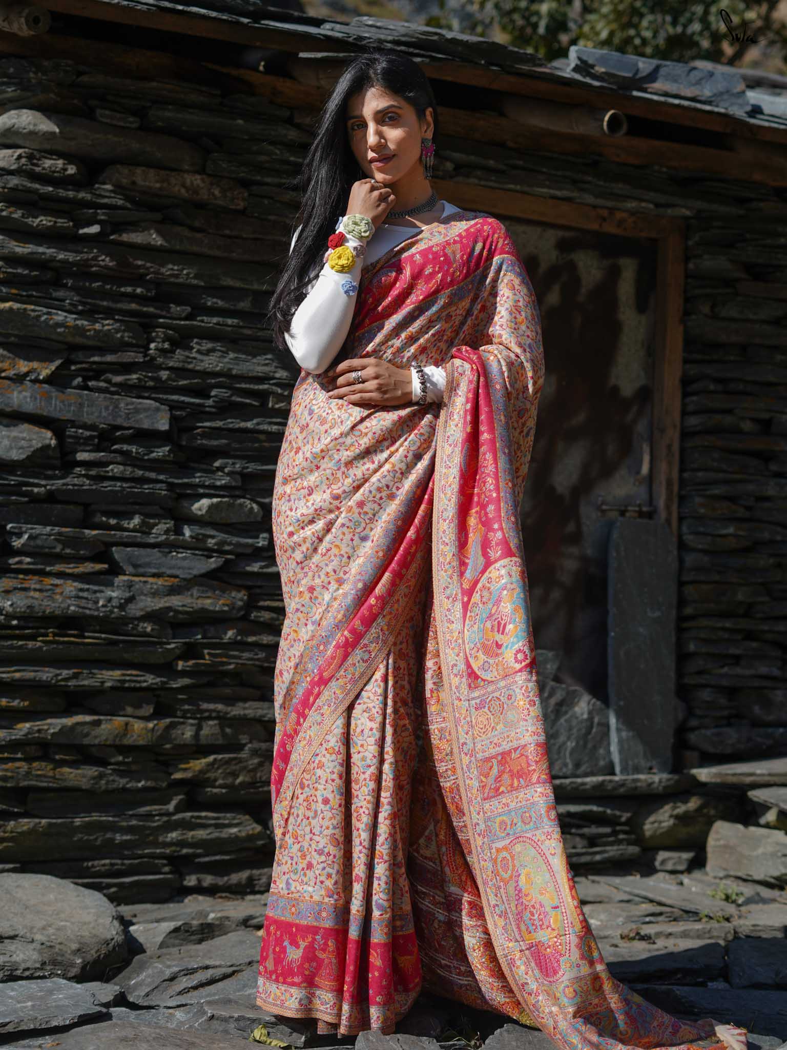 Deodar Pashm Beige Woolen Saree