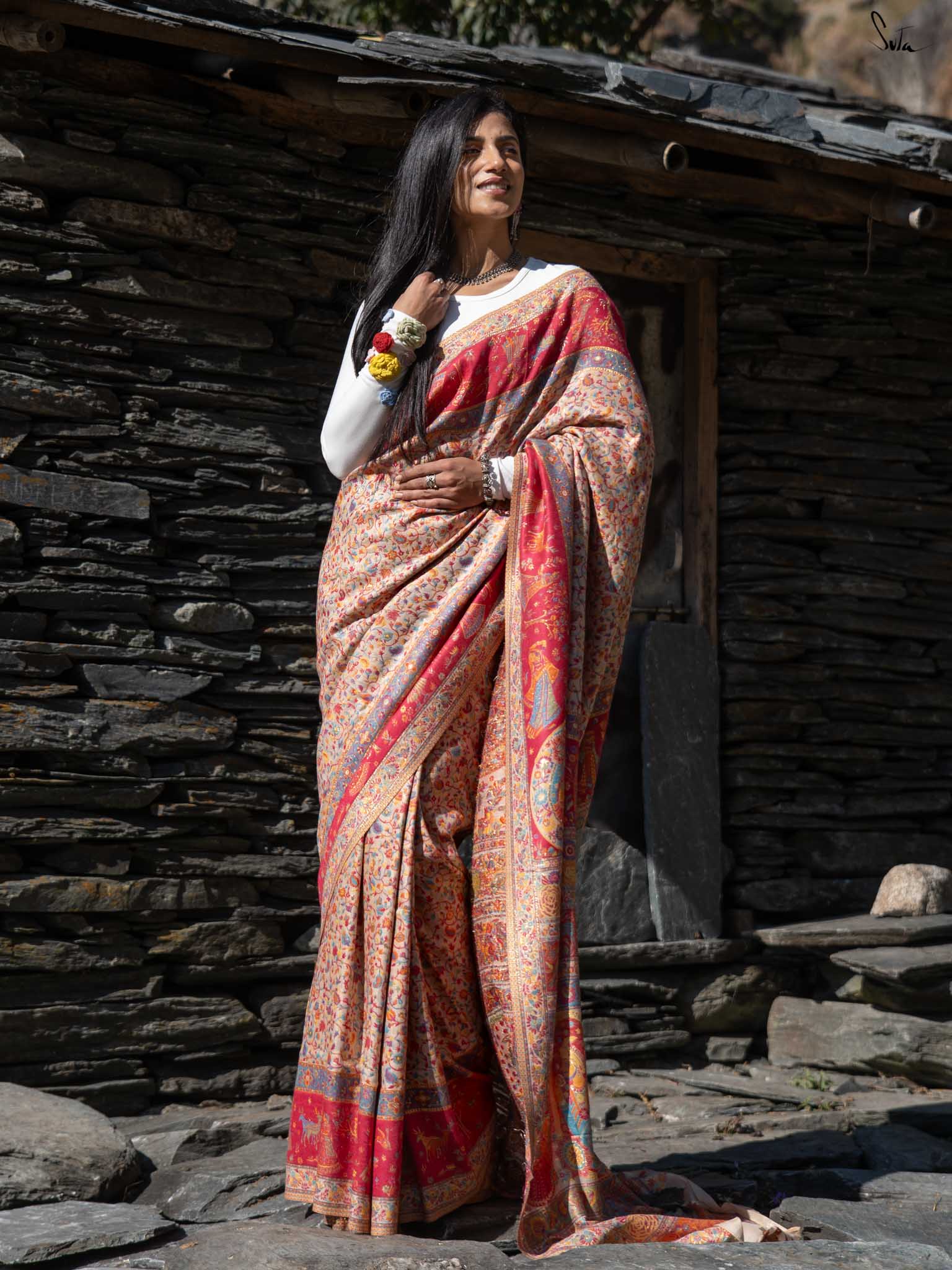 Deodar Pashm Beige Woolen Saree