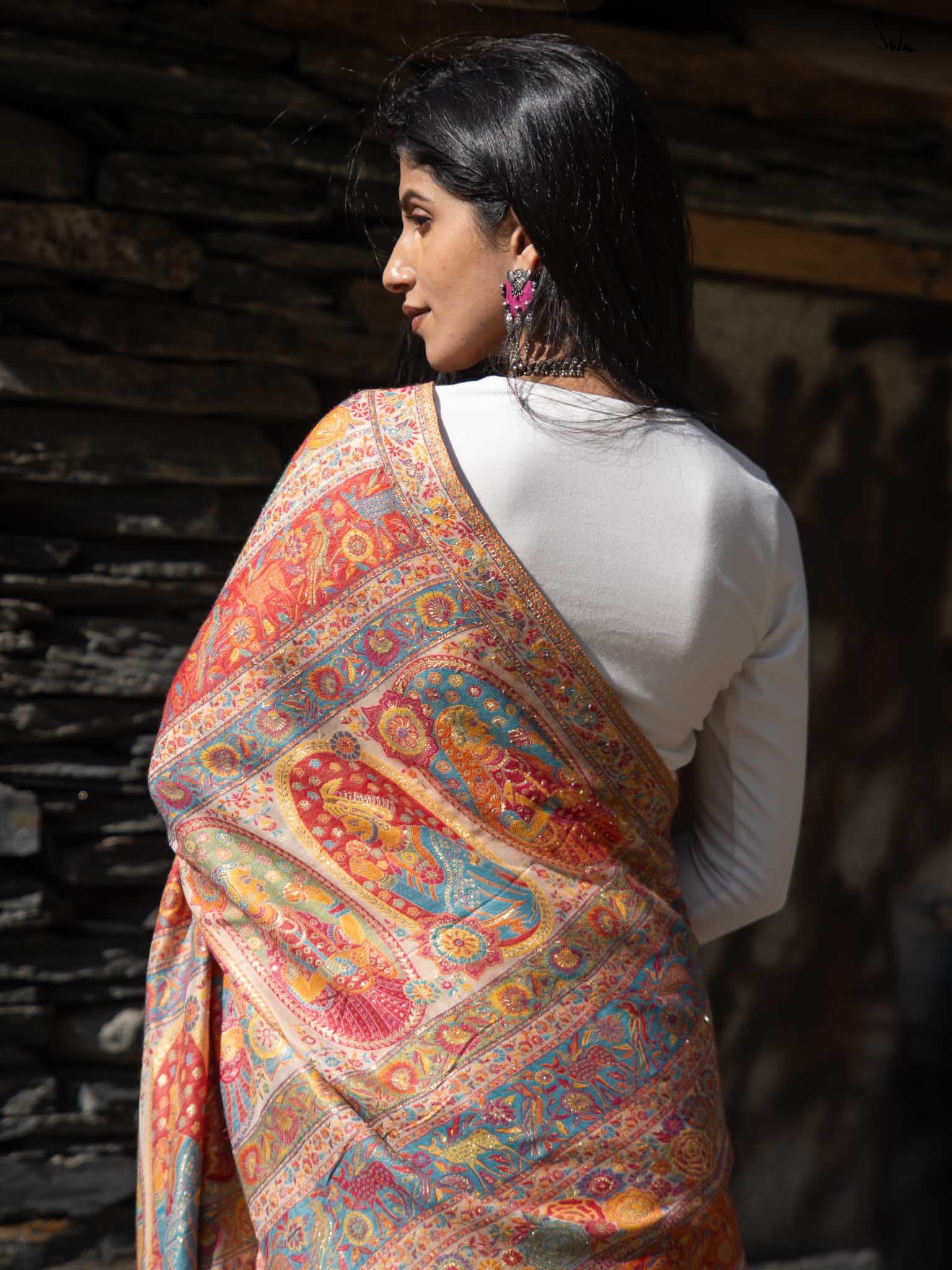 Deodar Pashm Beige Woolen Saree