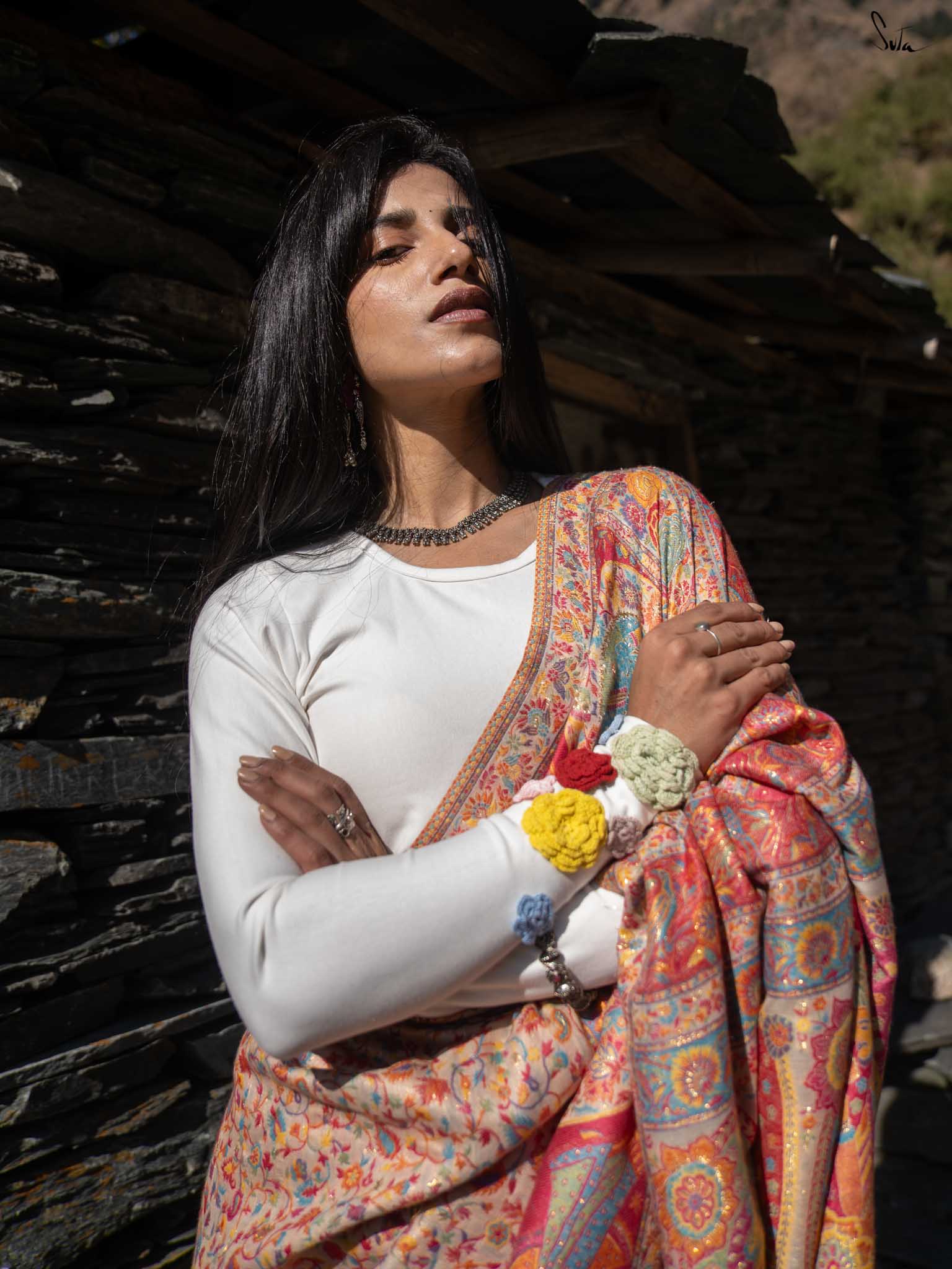 Deodar Pashm Beige Woolen Saree
