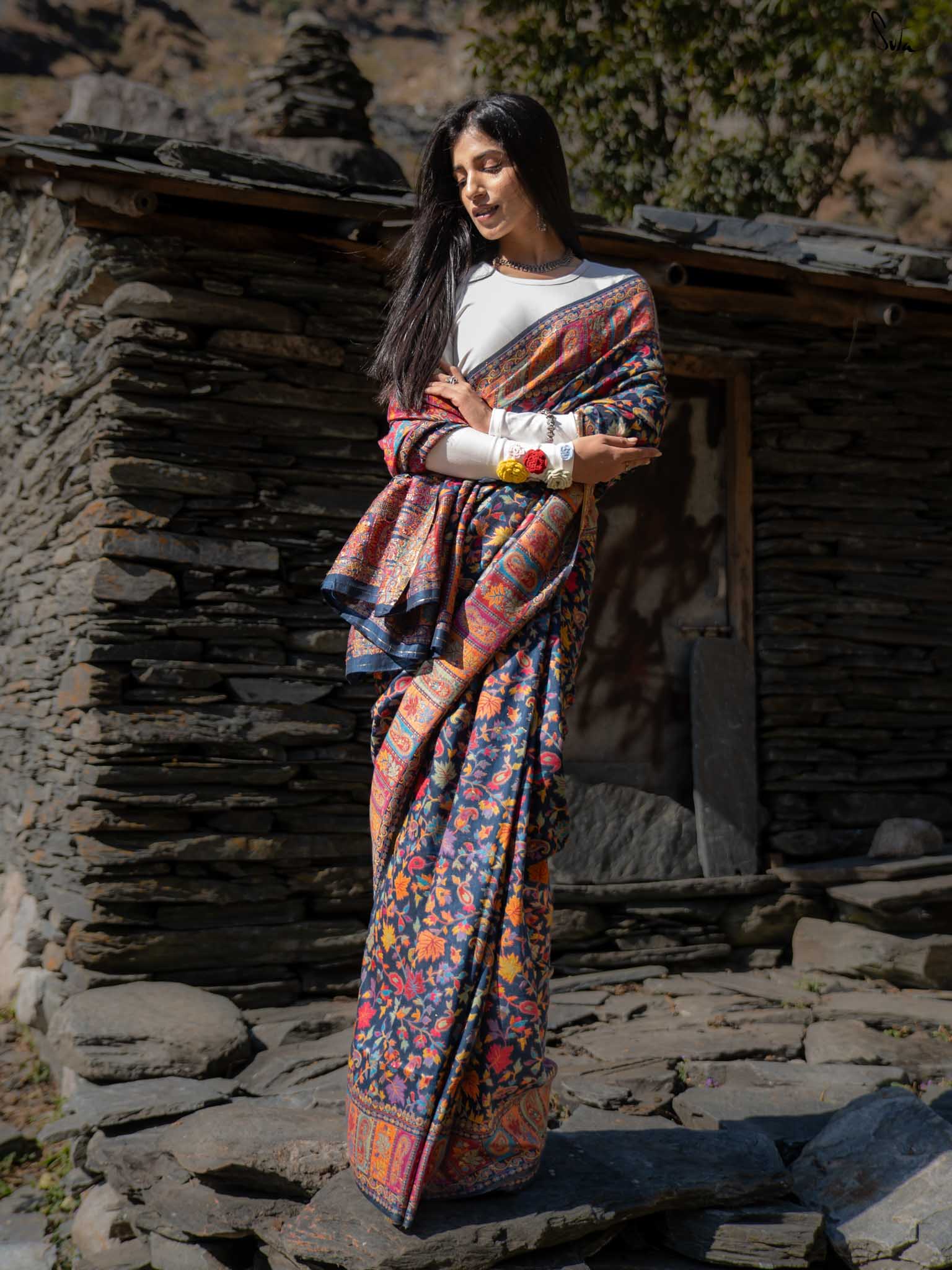 Apricot Pashm Multicolour Woolen Saree