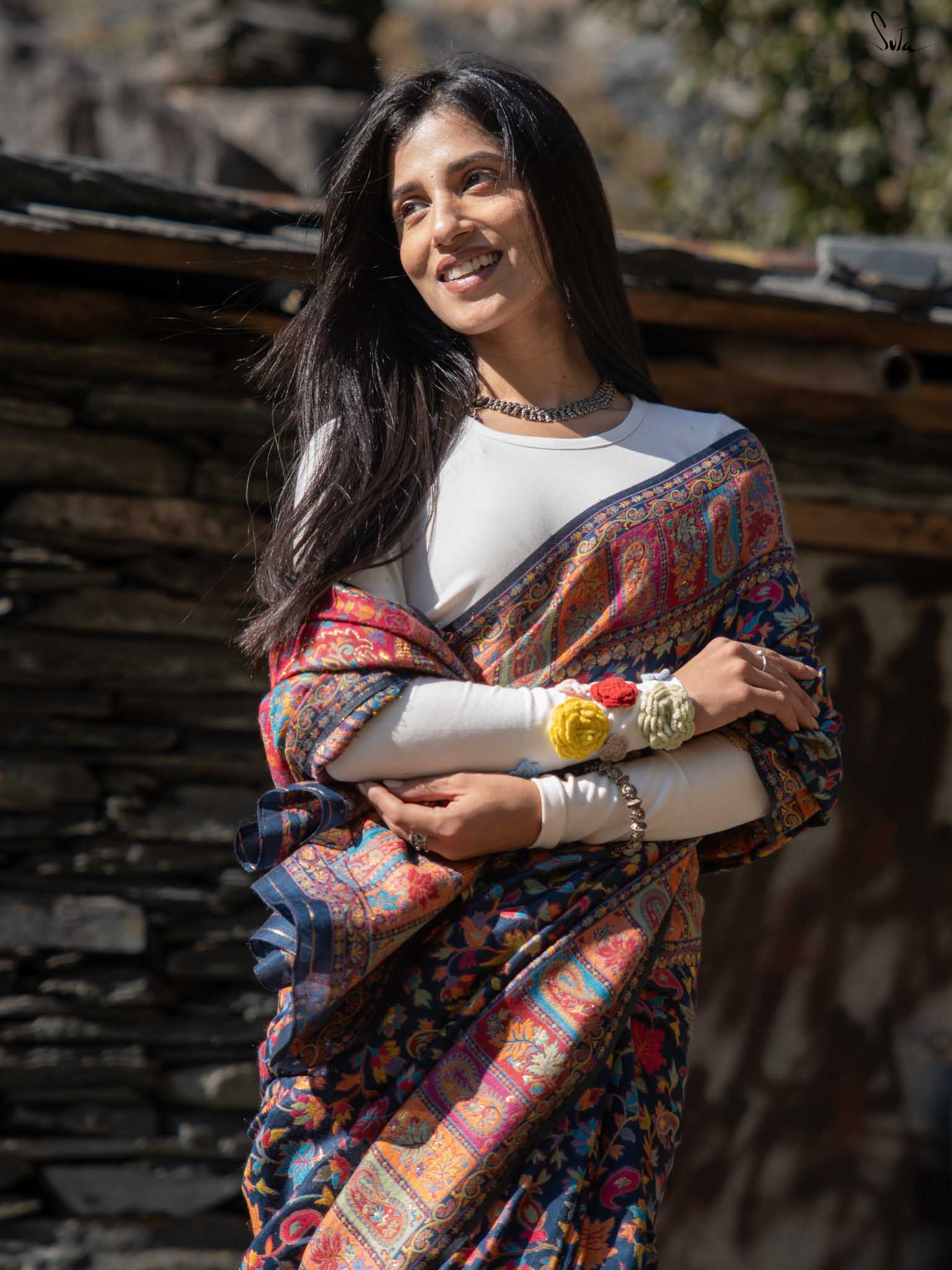 Apricot Pashm Multicolour Woolen Saree