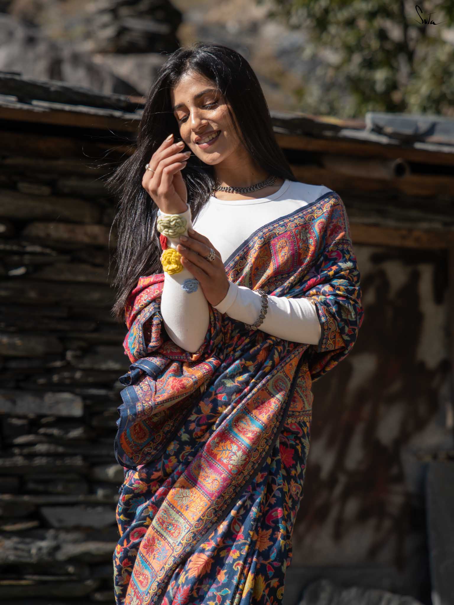 Apricot Pashm Multicolour Woolen Saree