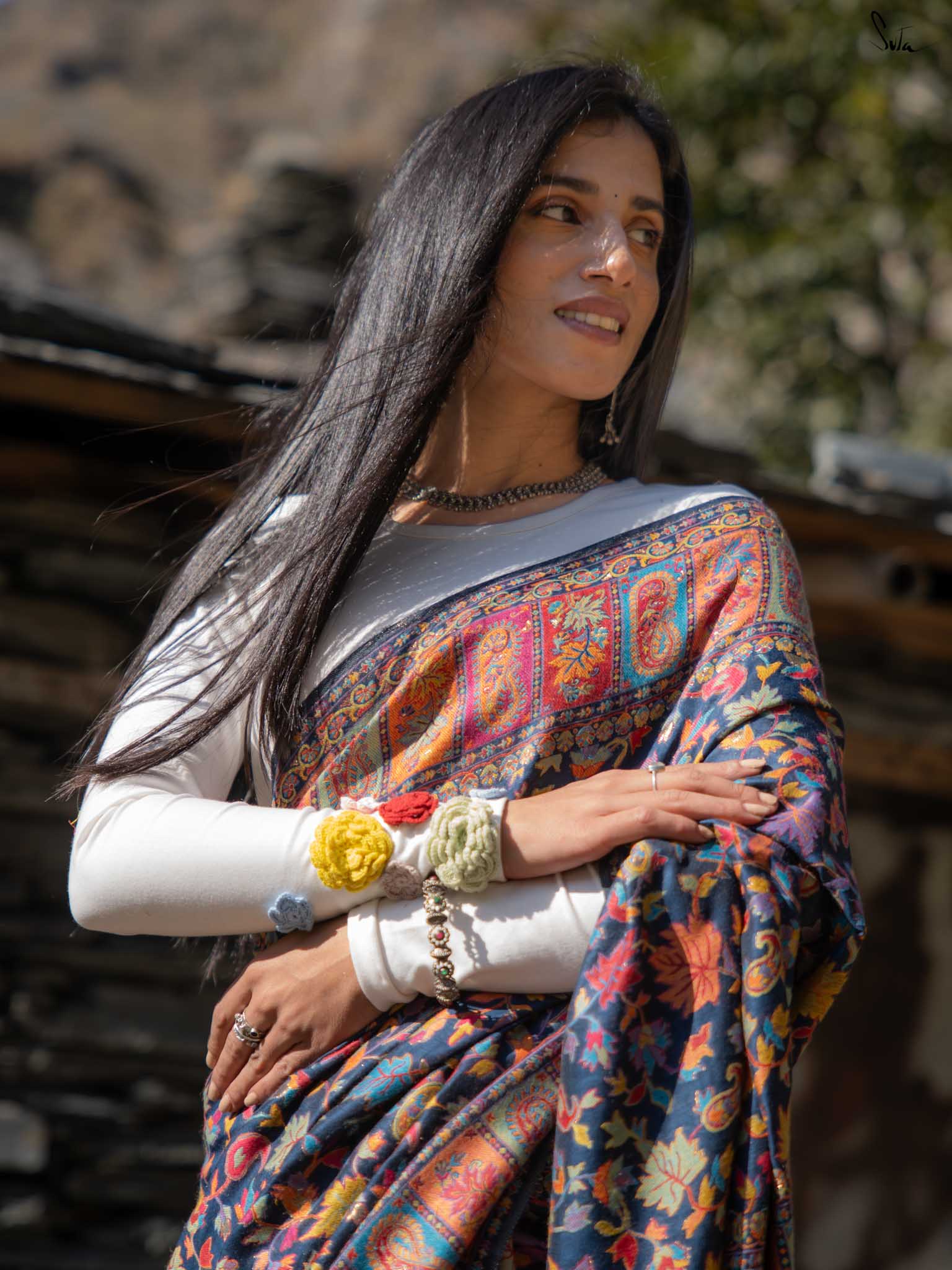 Apricot Pashm Multicolour Woolen Saree