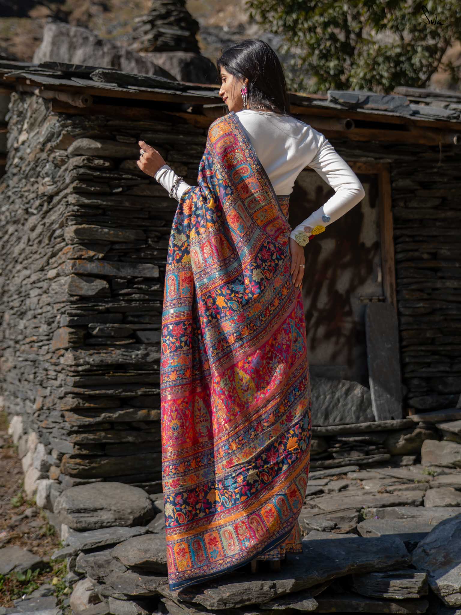 Apricot Pashm Multicolour Woolen Saree