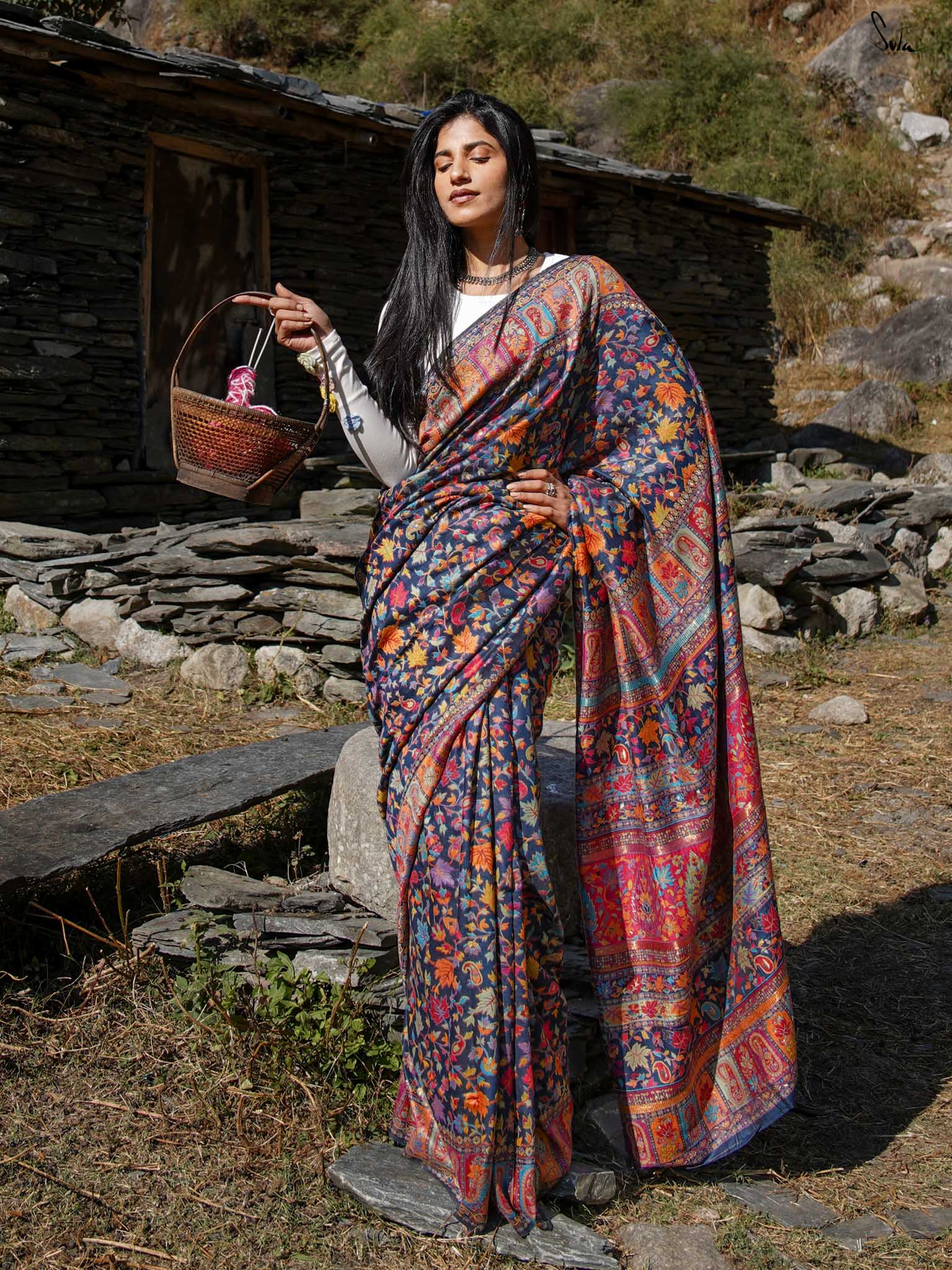 Apricot Pashm Multicolour Woolen Saree