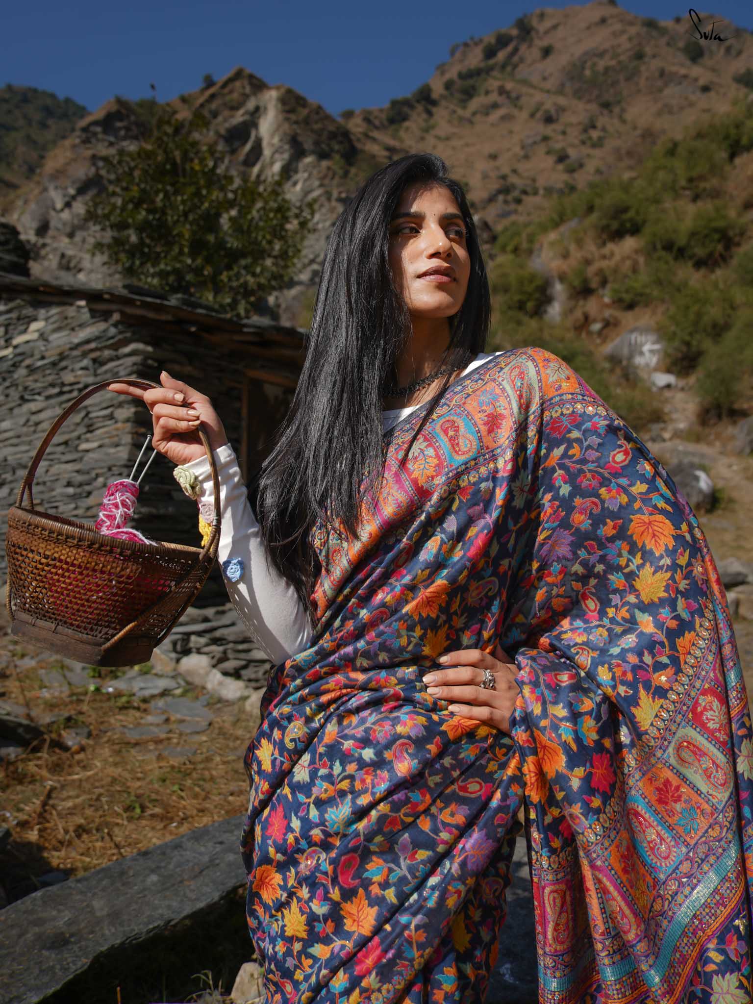 Apricot Pashm Multicolour Woolen Saree