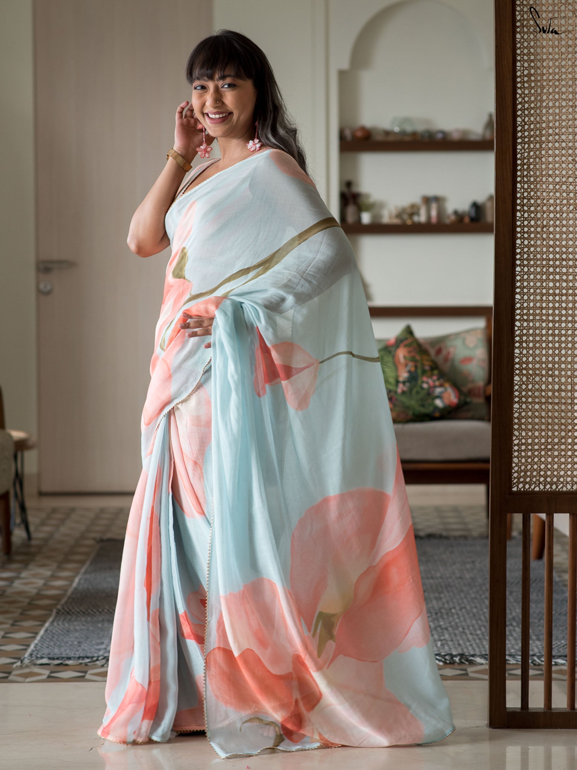 Bouquet of Sky Poppies Saree