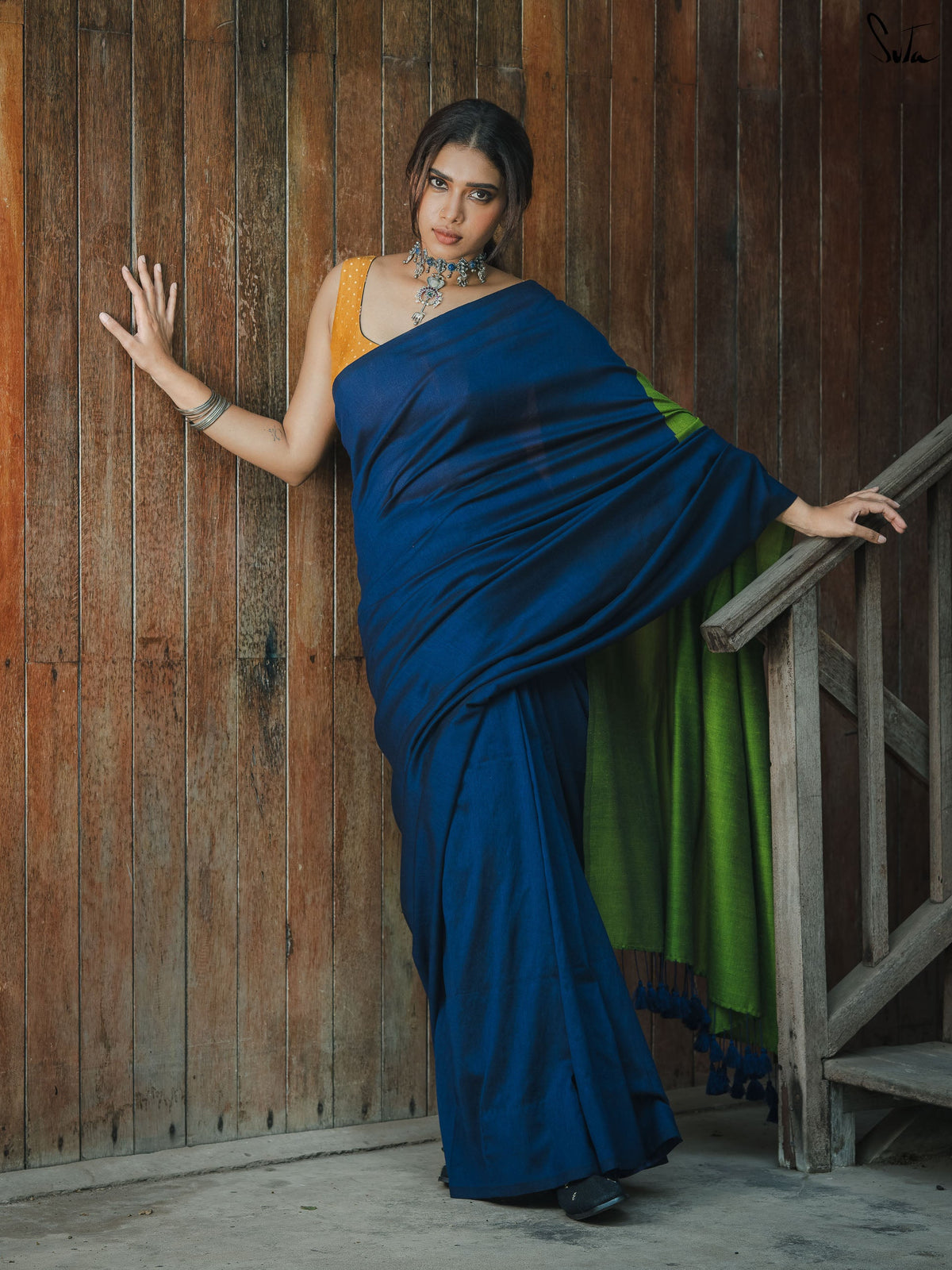 Suta x Dushara Gratitude - Deep Blue & Bright Green Half and half Cotton Blend Saree