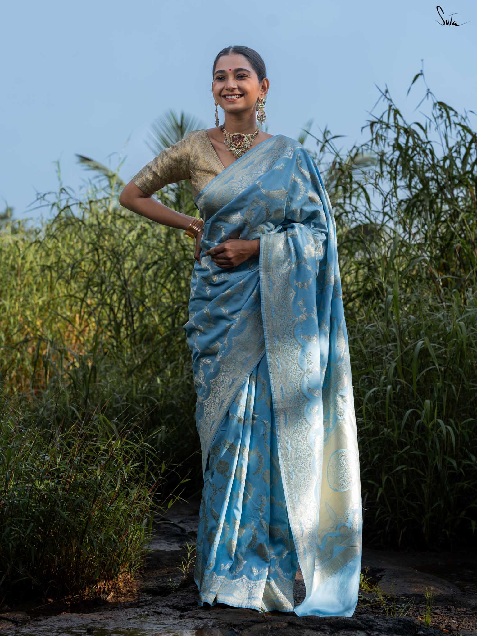Mokshda Sky Blue Banarasi Saree