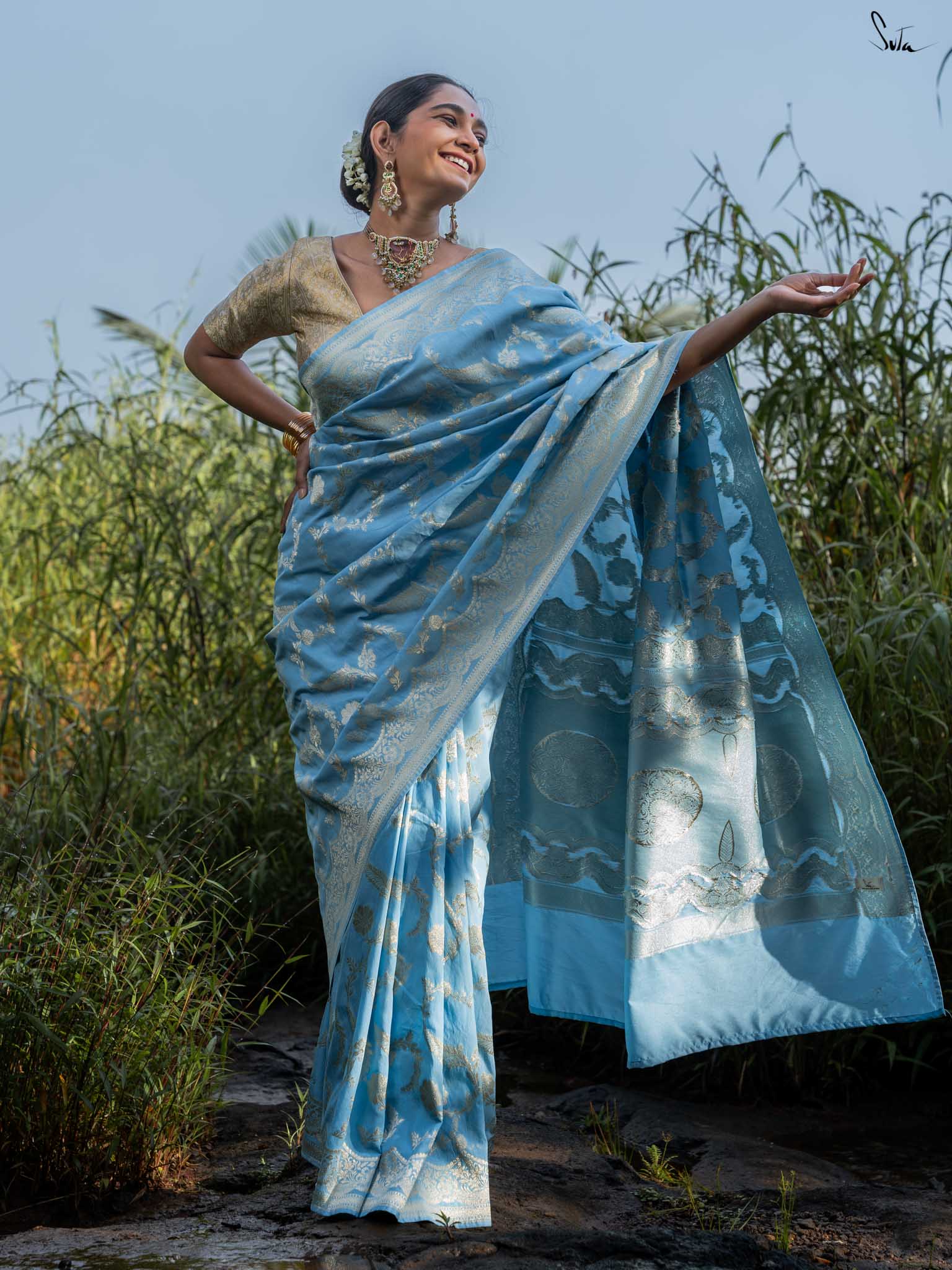Mokshda Sky Blue Banarasi Saree
