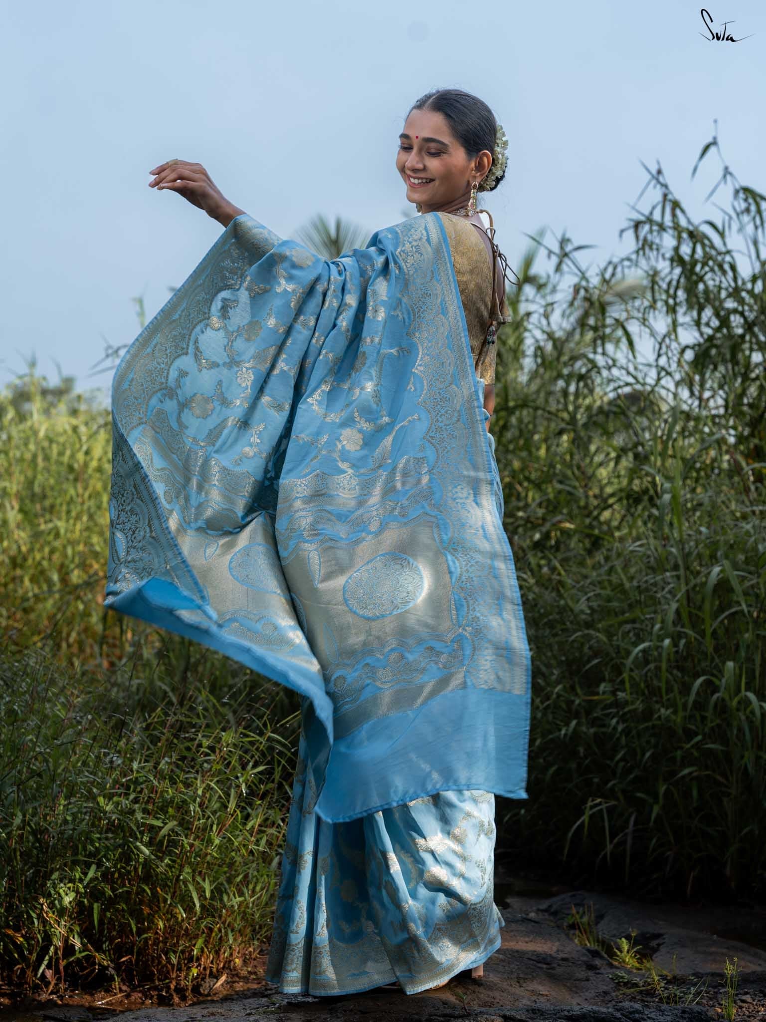 Mokshda Sky Blue Banarasi Saree