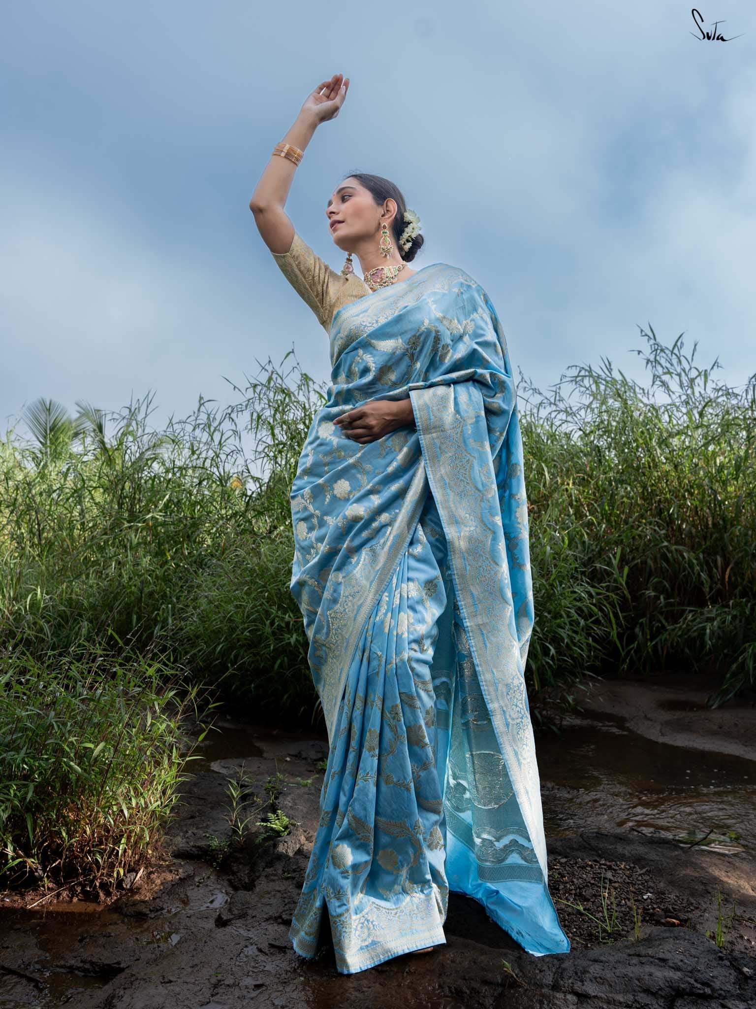 Mokshda Sky Blue Banarasi Saree