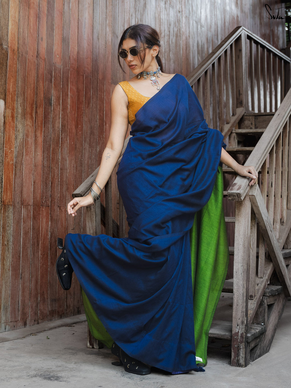 Suta x Dushara Gratitude - Deep Blue & Bright Green Half and half Cotton Blend Saree