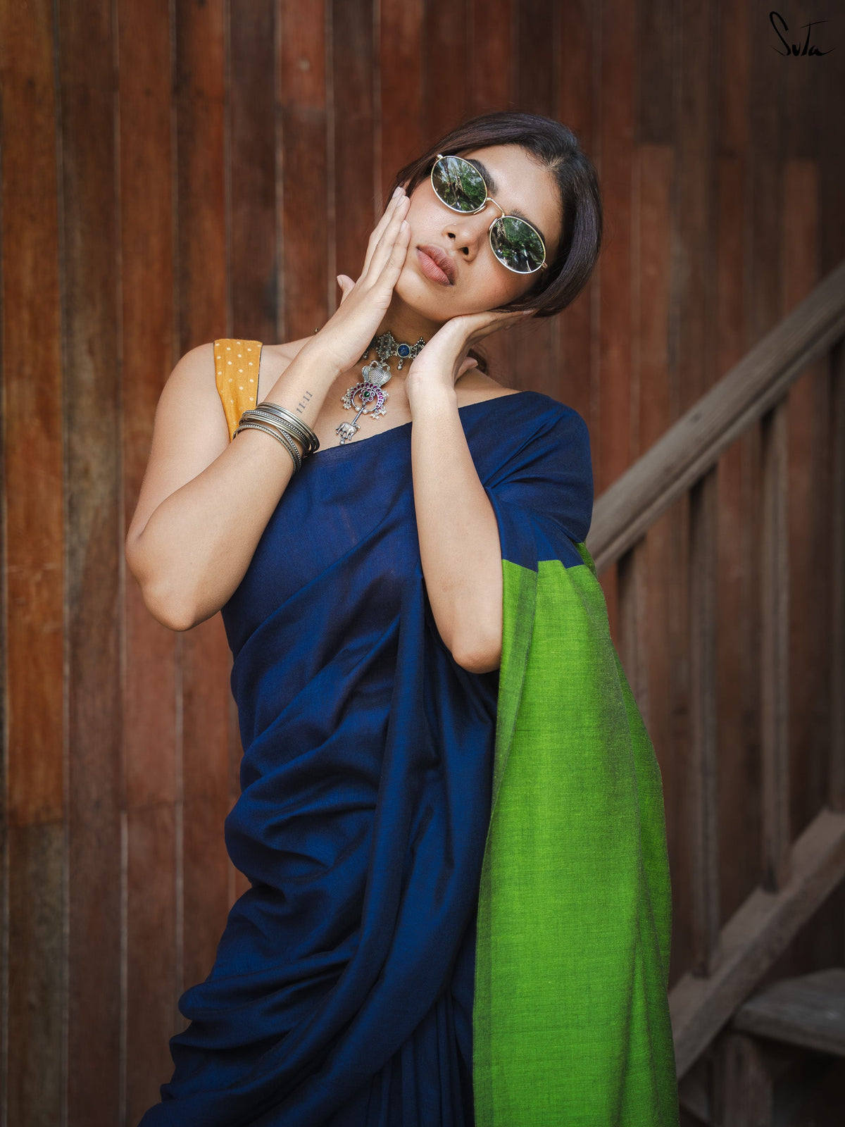 Suta x Dushara Gratitude - Deep Blue & Bright Green Half and half Cotton Blend Saree