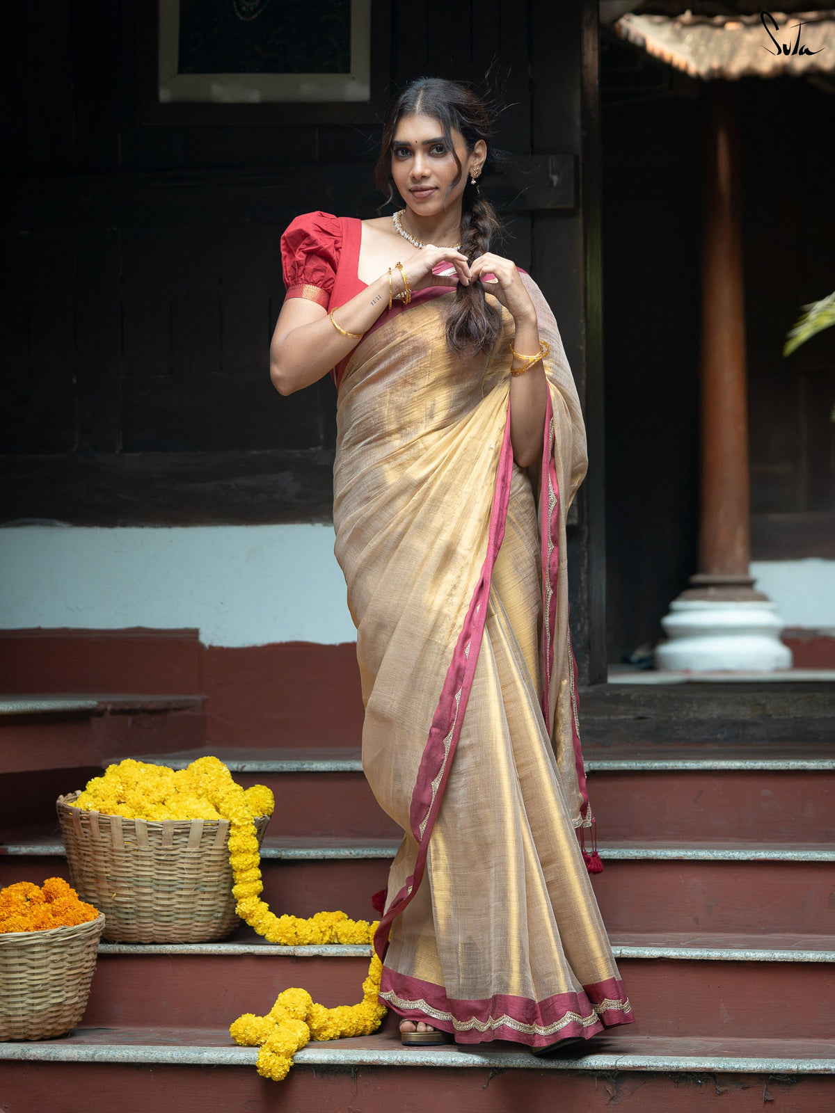 Suta x Dushara Ponvaani - Gold Cotton Tissue Saree with Red & Gold Lace Border