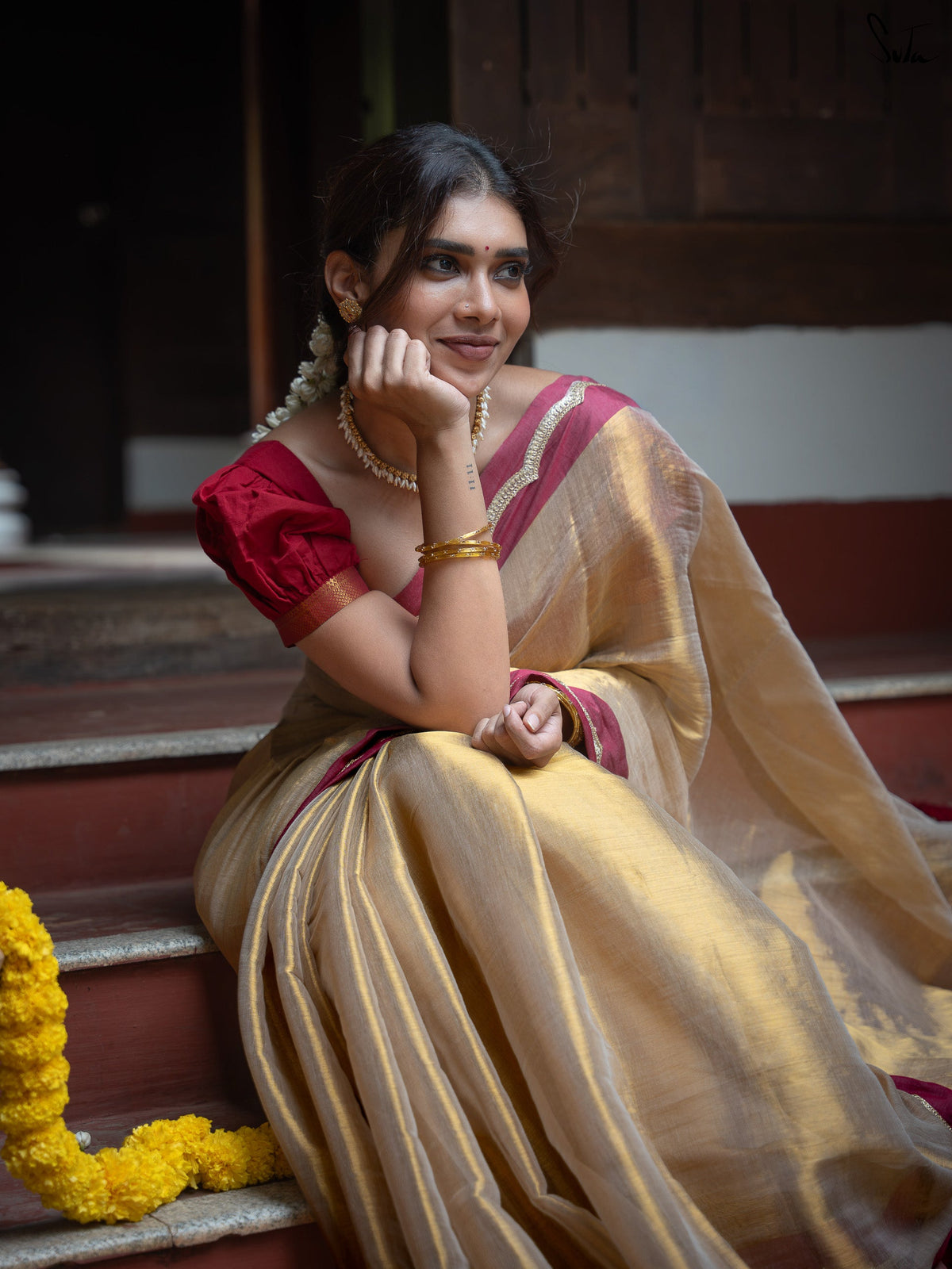 Suta x Dushara Ponvaani - Gold Cotton Tissue Saree with Red & Gold Lace Border