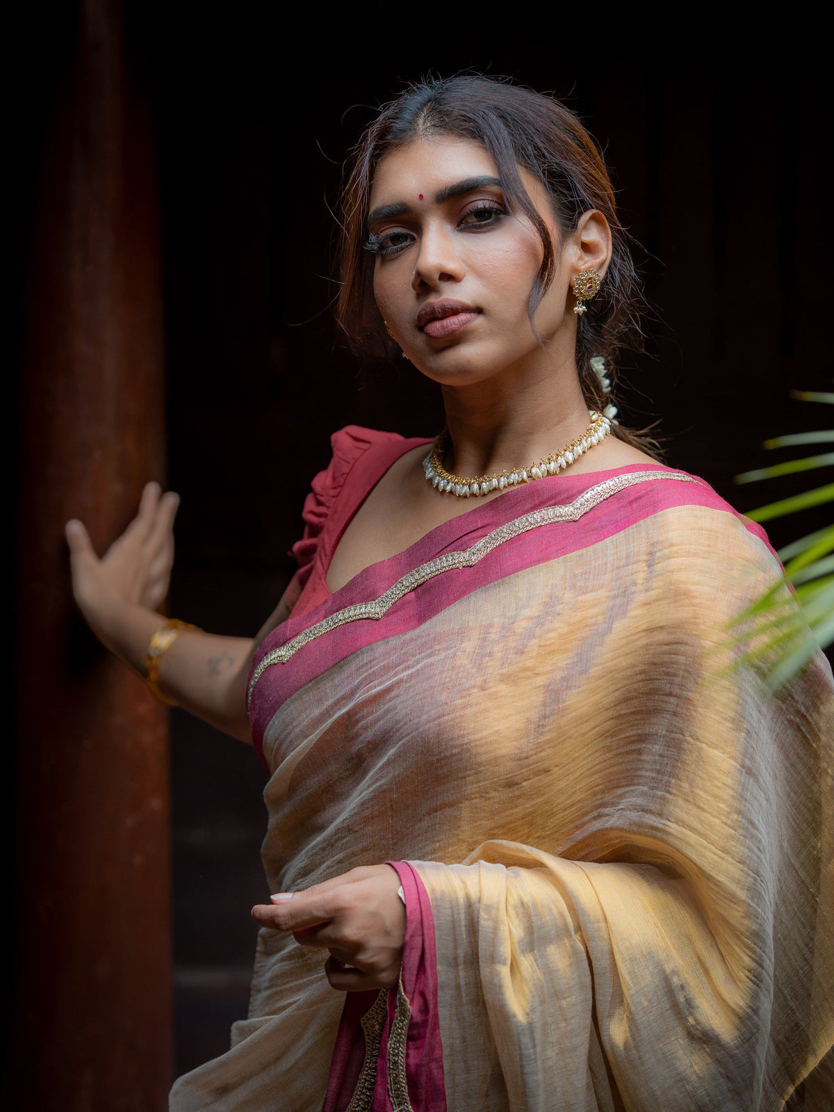 Suta x Dushara Ponvaani - Gold Cotton Tissue Saree with Red & Gold Lace Border