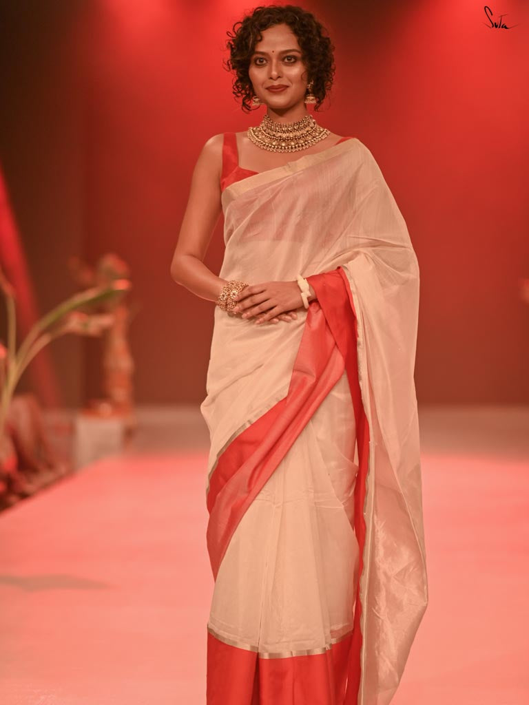 Seeking Saraswati White Mashru Border Saree