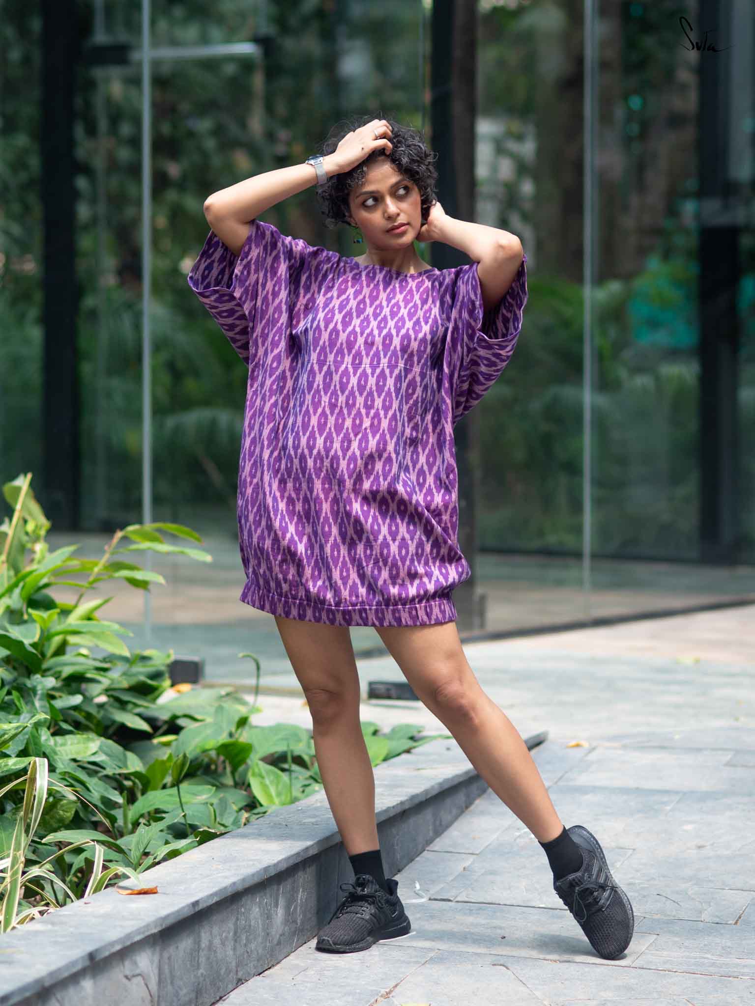 Ikat Cotton Design Purple Short One Piece Dress|Risela|Suta Ikat Cotton Design Purple Short One Piece Dress|Risela|Suta