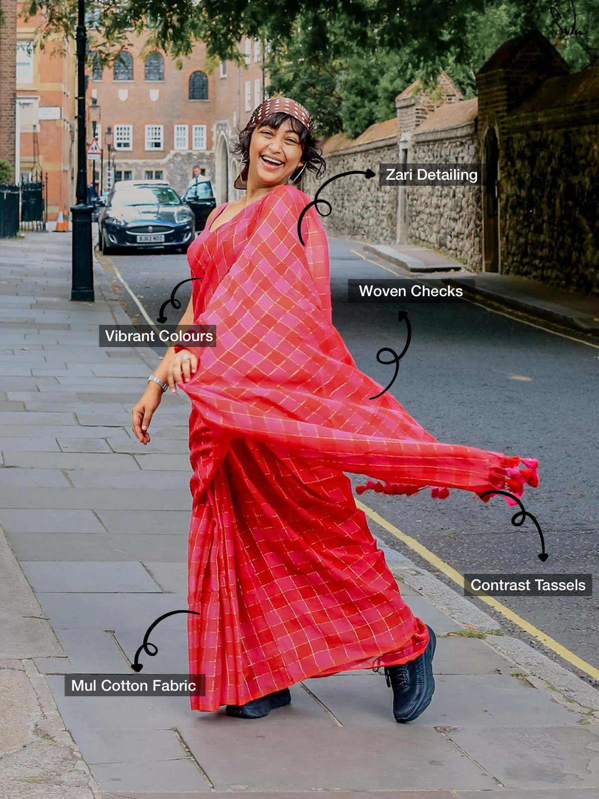 Hopscotch - Pink & Red Checks Saree with Silver Zari Details
