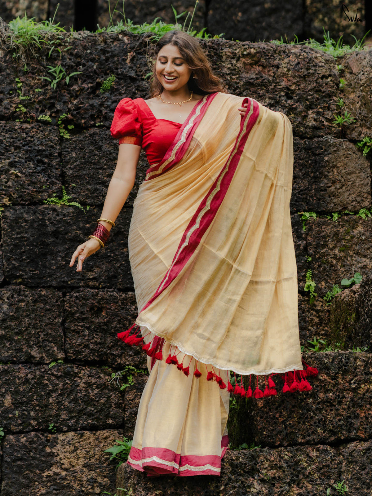 Ponvaani - Gold Cotton Tissue Saree with Red & Gold Lace Border