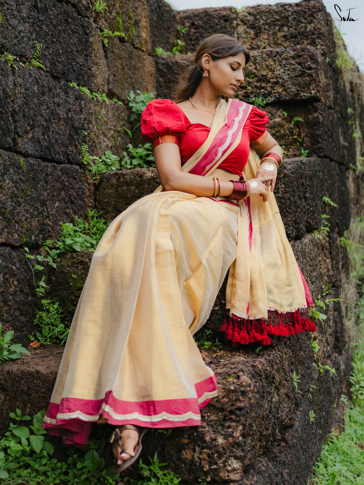 Ponvaani - Gold Cotton Tissue Saree with Red & Gold Lace Border