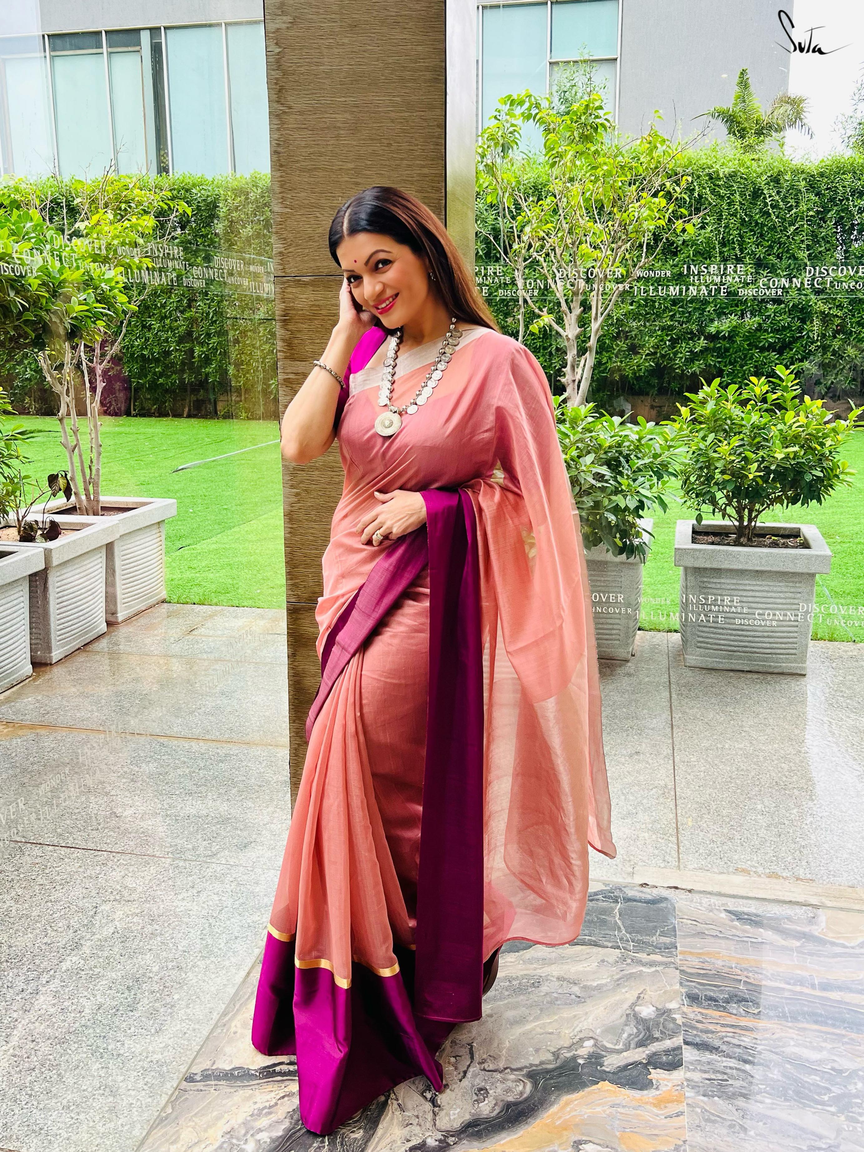 Rejuvenating Rukmini Peach Mashru Border Saree