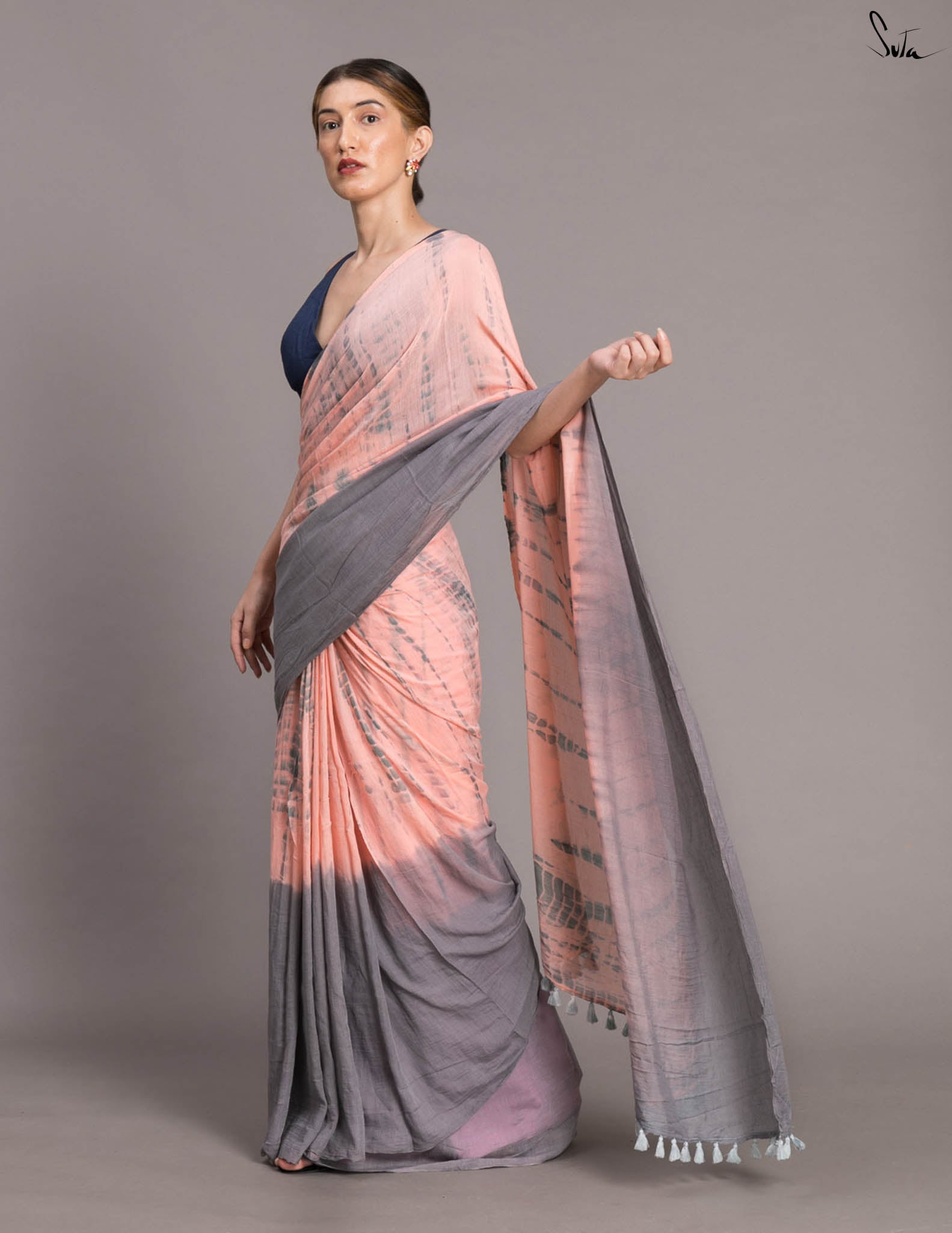 Suta Peach-Coloured & Grey Tie & Dye Pure Cotton Saree