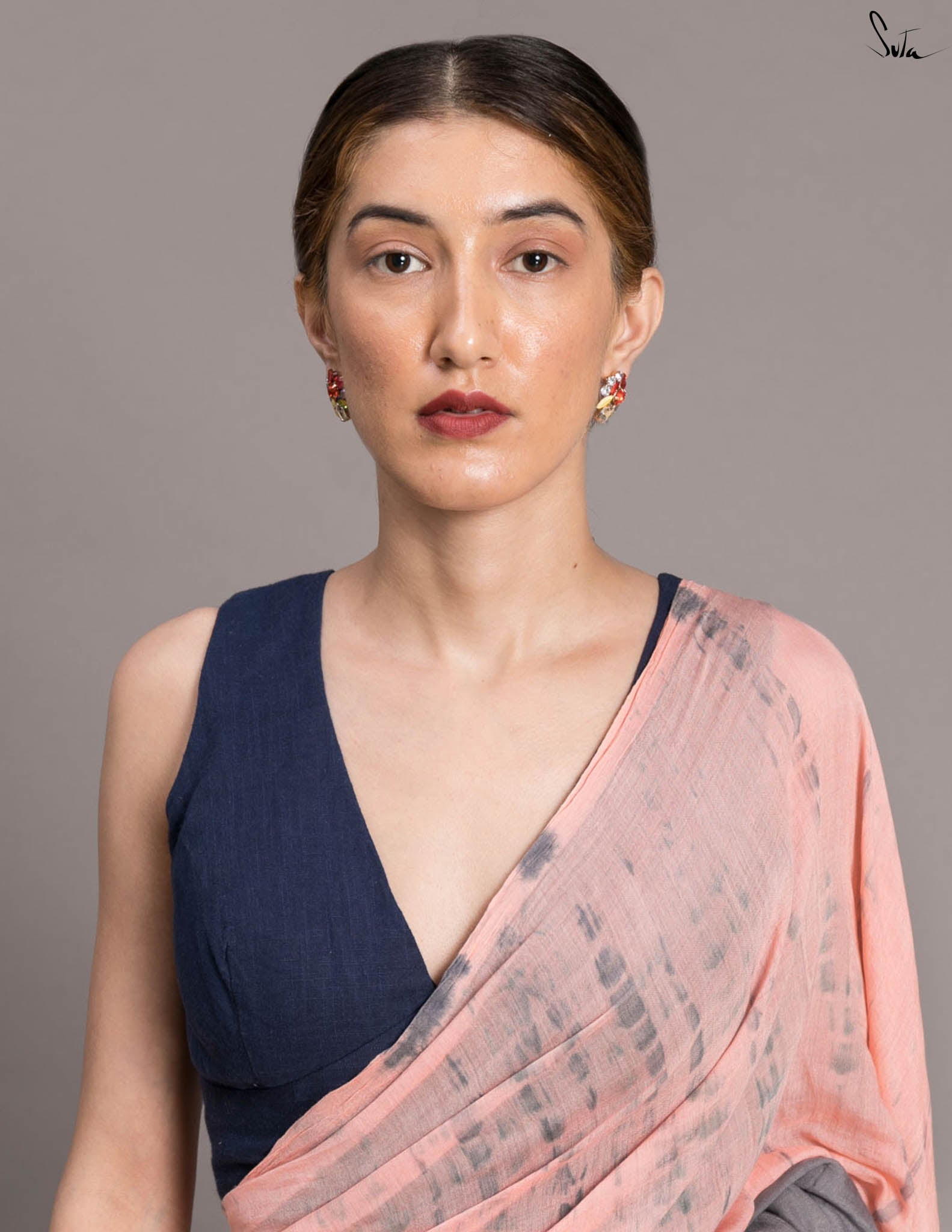 Suta Peach-Coloured & Grey Tie & Dye Pure Cotton Saree