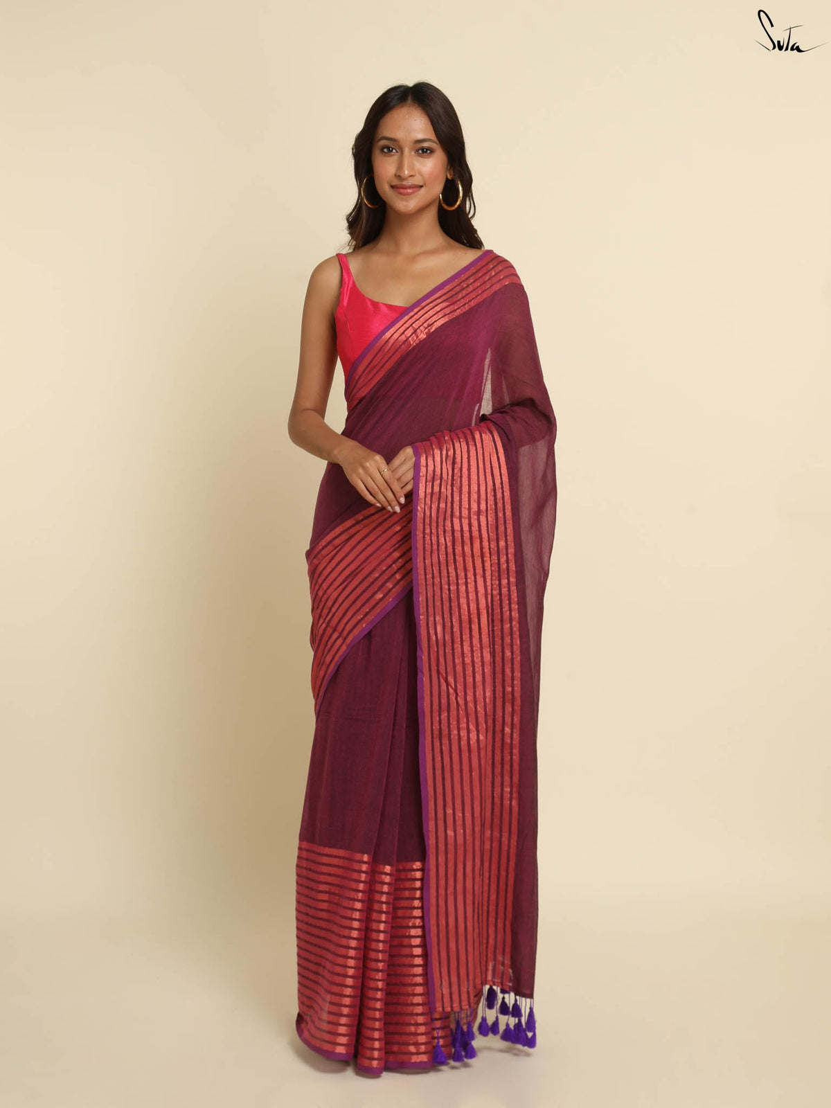 Suta Magenta Striped Zari Saree