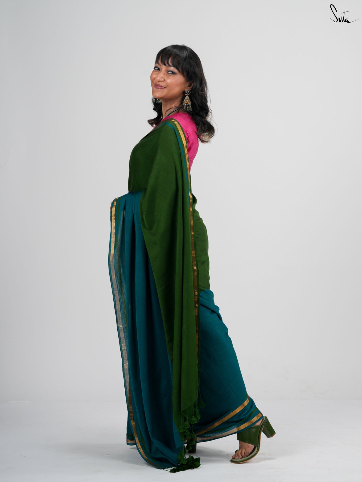 Double Trouble: Green/Teal Saree