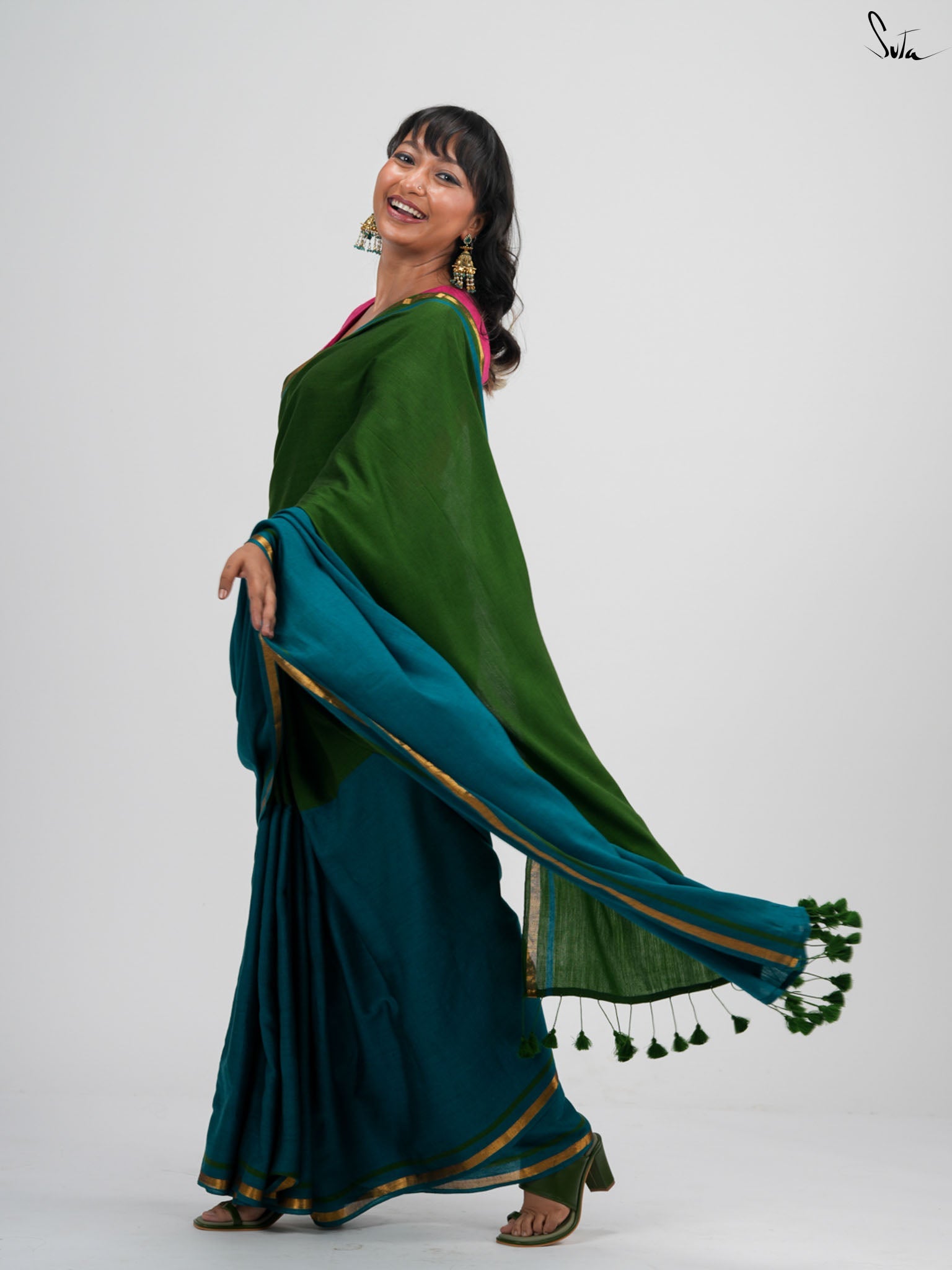 Double Trouble: Green/Teal Saree