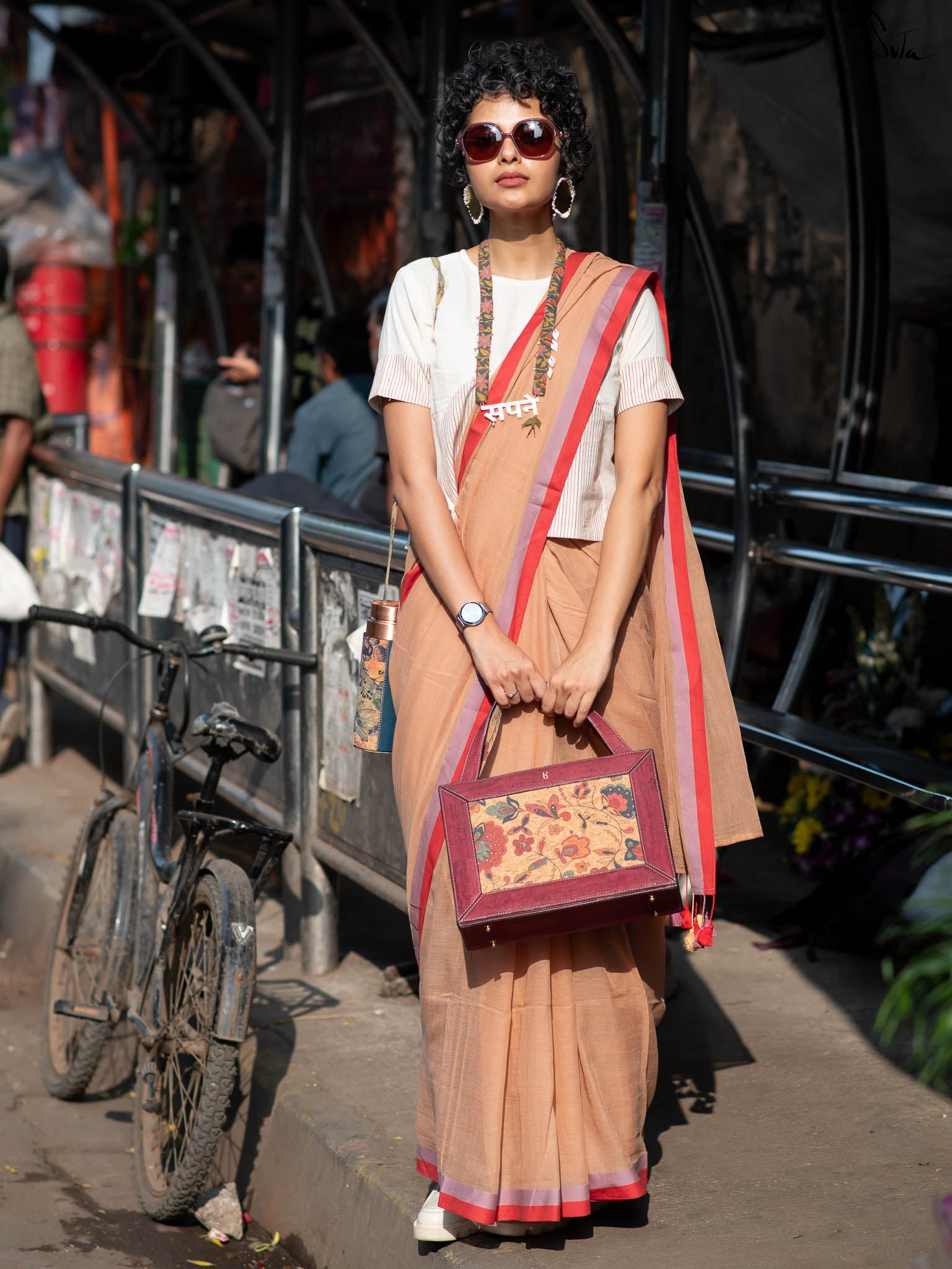 Suta Beige & Pink Pure Cotton Saree